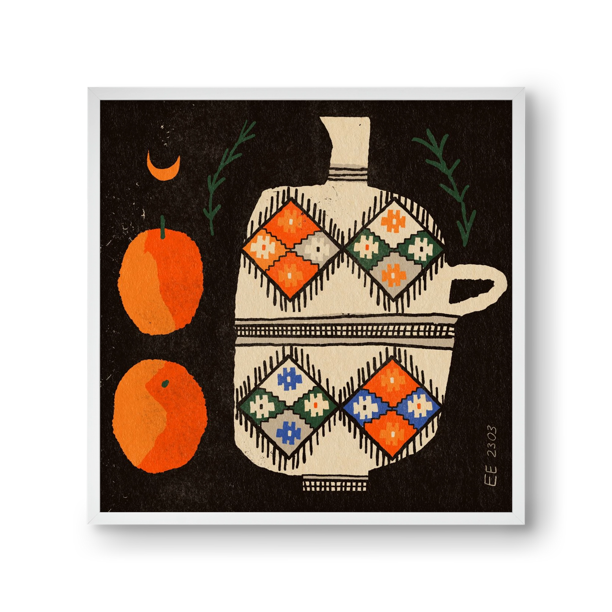 Bedouin patterned vase with clementines , 30x30 cm (30x30 cm), Fehér keret