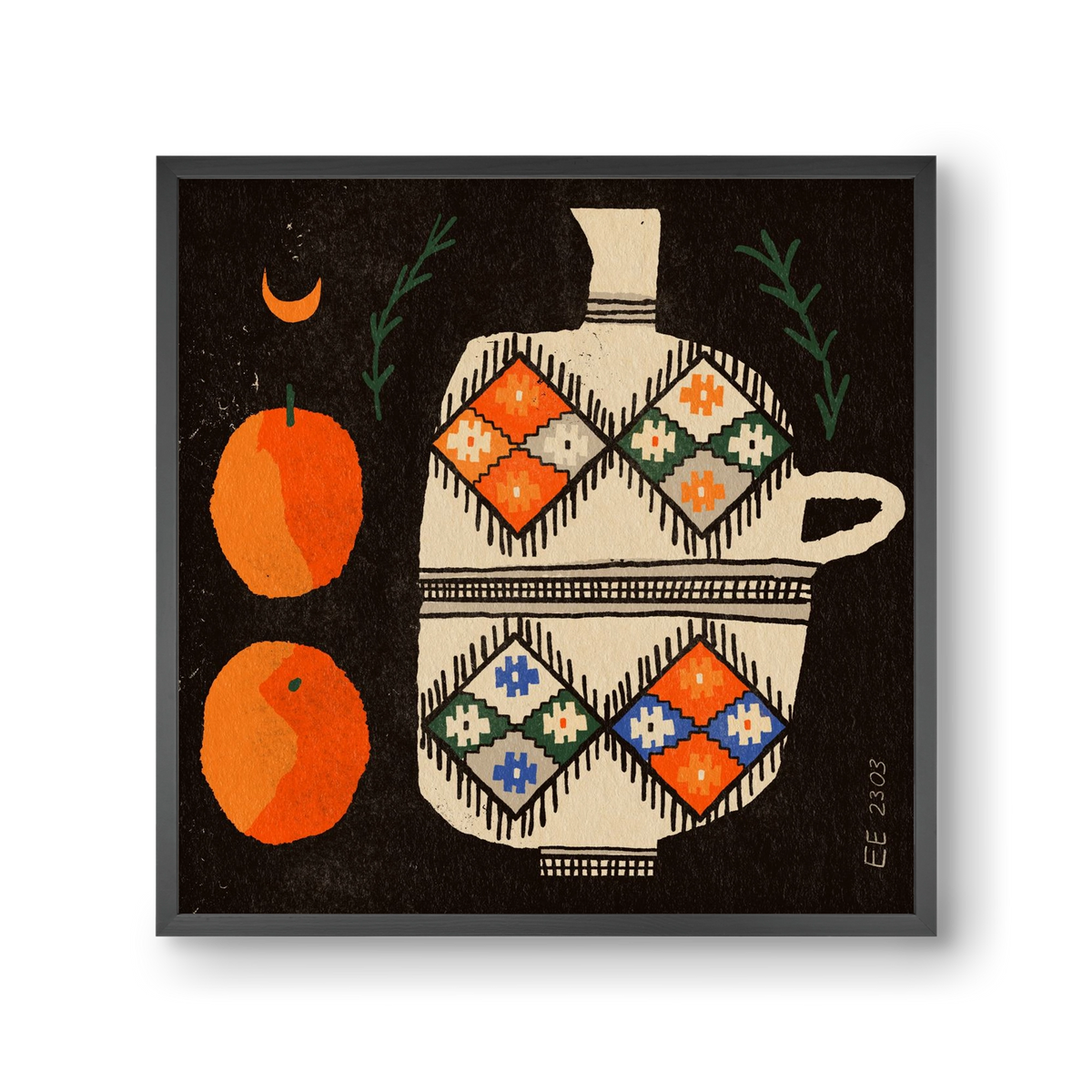 Bedouin patterned vase with clementines , 30x30 cm (30x30 cm), Fekete keret