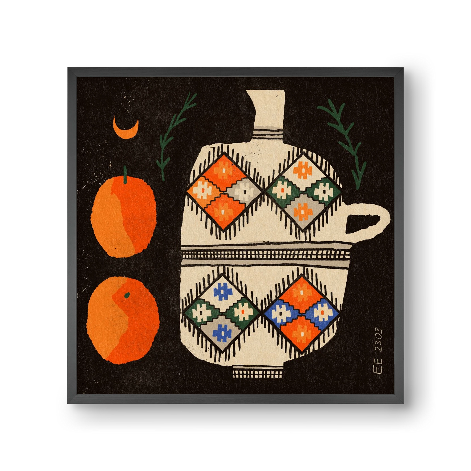 Bedouin patterned vase with clementines , 30x30 cm (30x30 cm), Fekete keret
