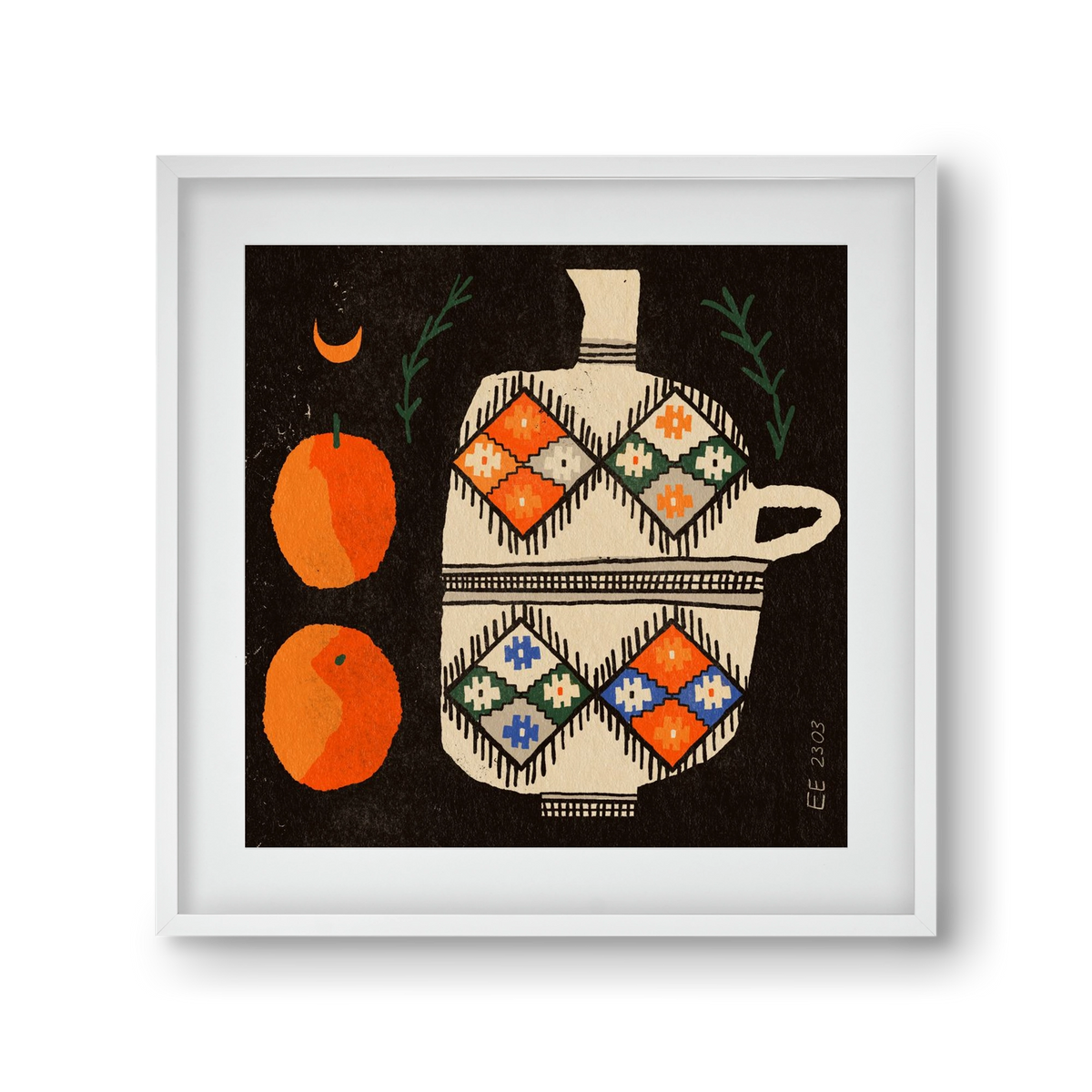 Bedouin patterned vase with clementines , 30x30 cm (20x20 cm), Fehér keret, paszpartuval