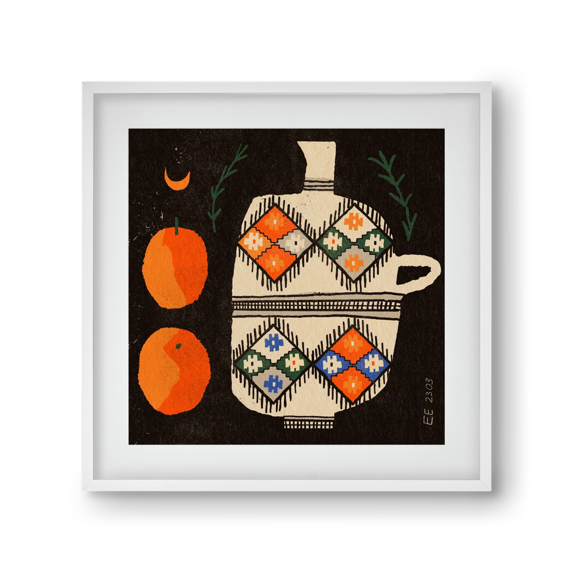 Bedouin patterned vase with clementines , 30x30 cm (20x20 cm), Fehér keret, paszpartuval