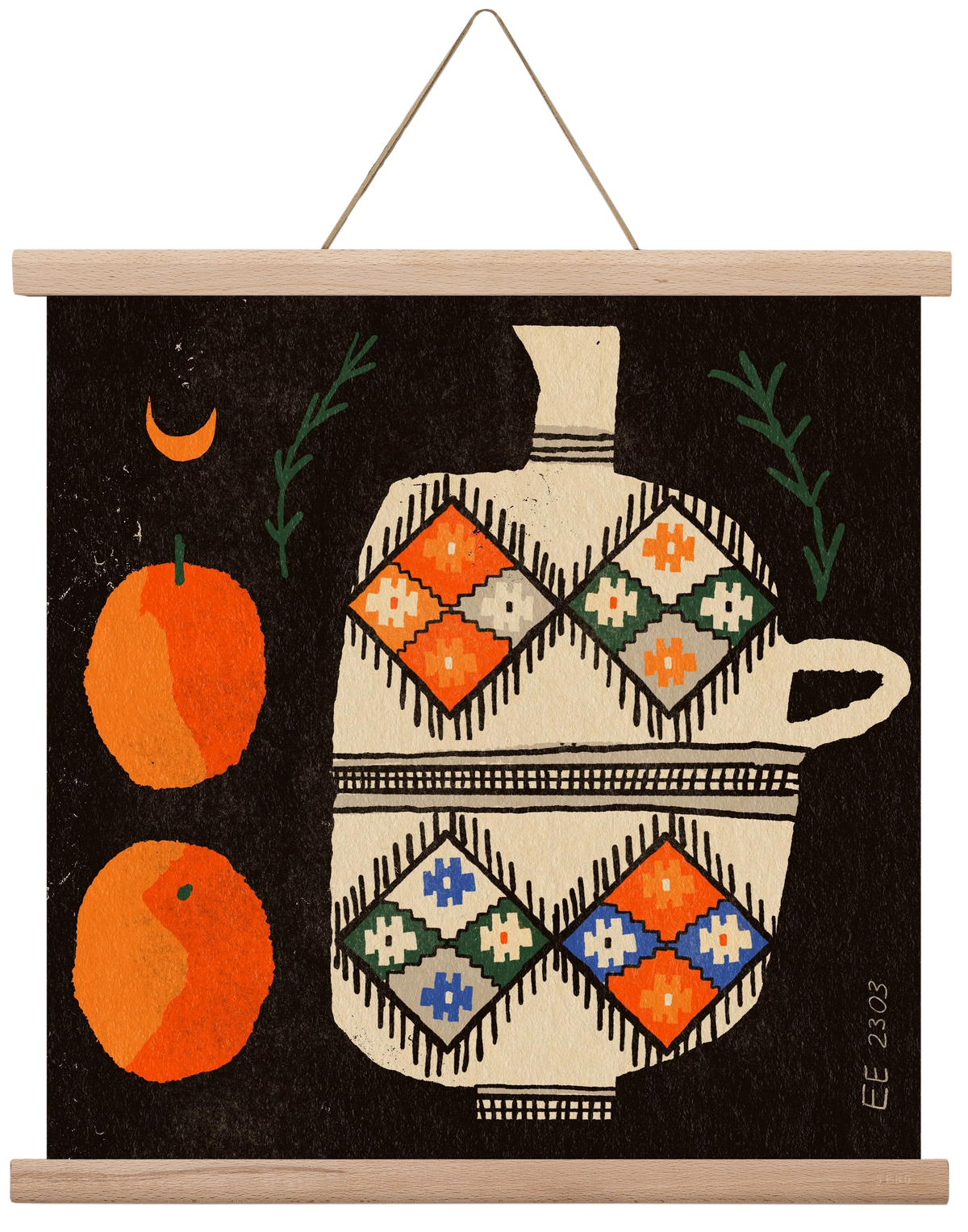 Bedouin patterned vase with clementines , 40x40 cm (40x40 cm), Tölgy akasztó