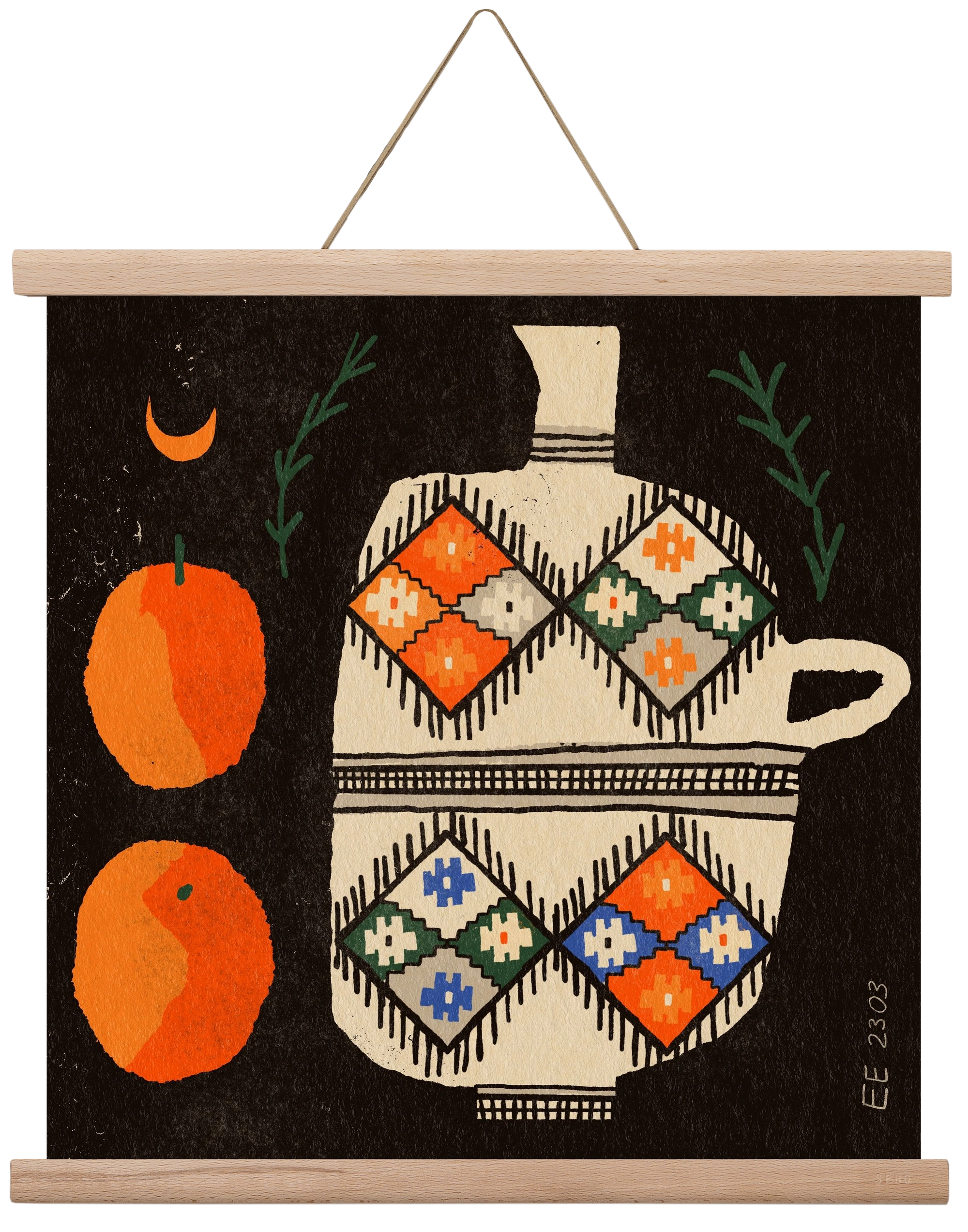 Bedouin patterned vase with clementines , 40x40 cm (40x40 cm), Tölgy akasztó