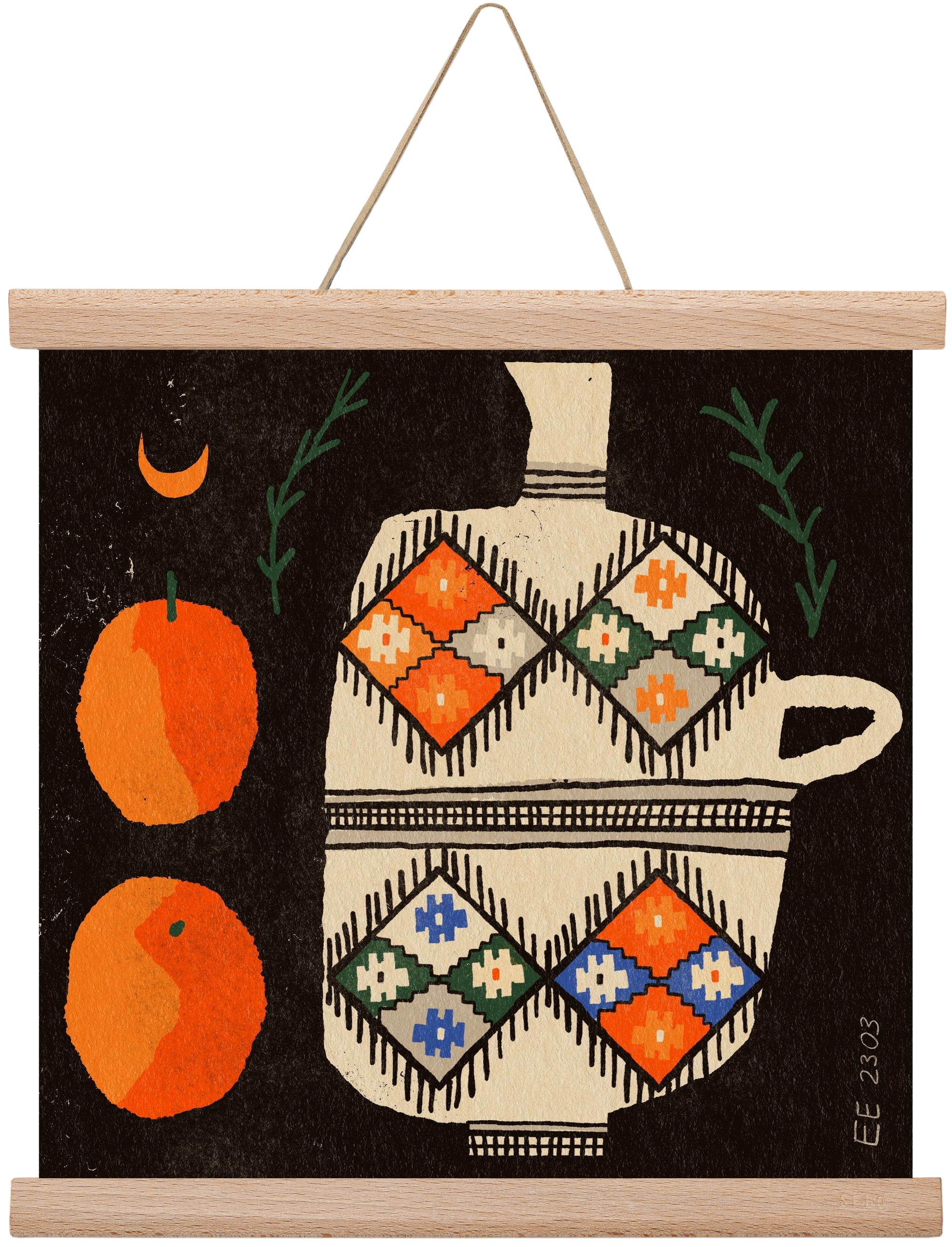 Bedouin patterned vase with clementines , 30x30 cm (30x30 cm), Tölgy akasztó