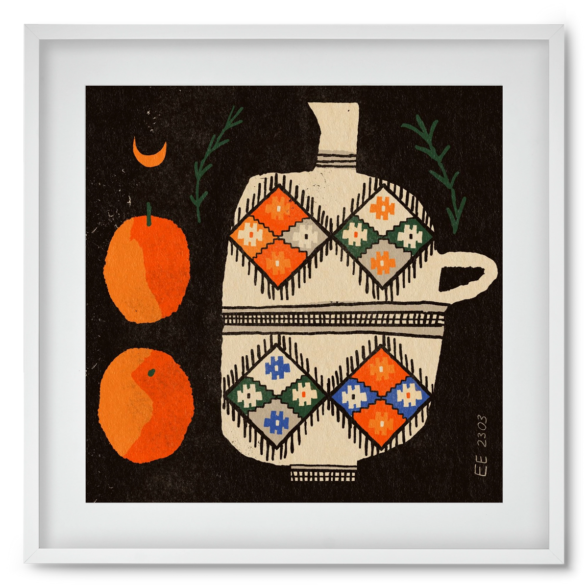 Bedouin patterned vase with clementines , 50x50 cm (40x40 cm), Fehér keret, paszpartuval