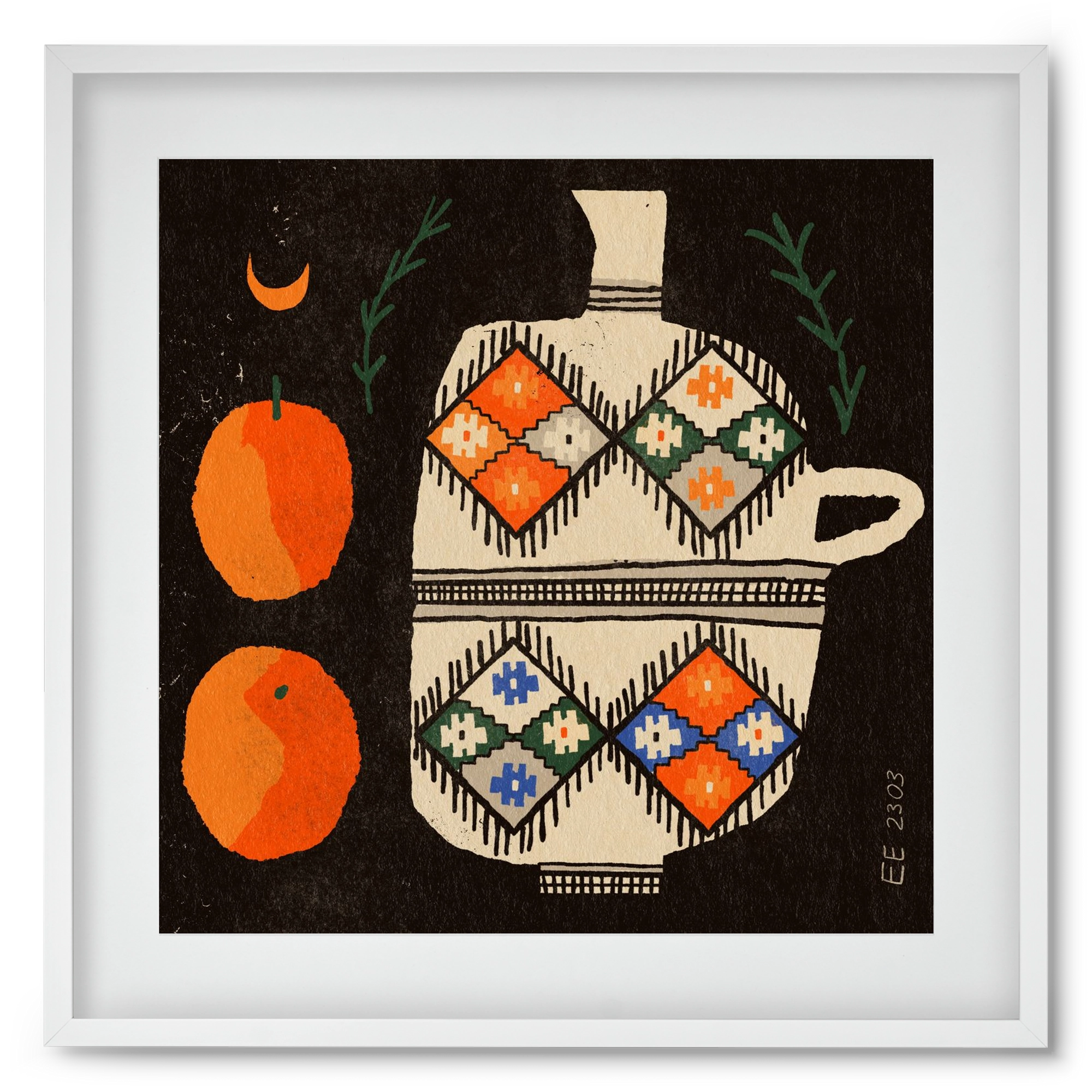 Bedouin patterned vase with clementines , 50x50 cm (40x40 cm), Fehér keret, paszpartuval