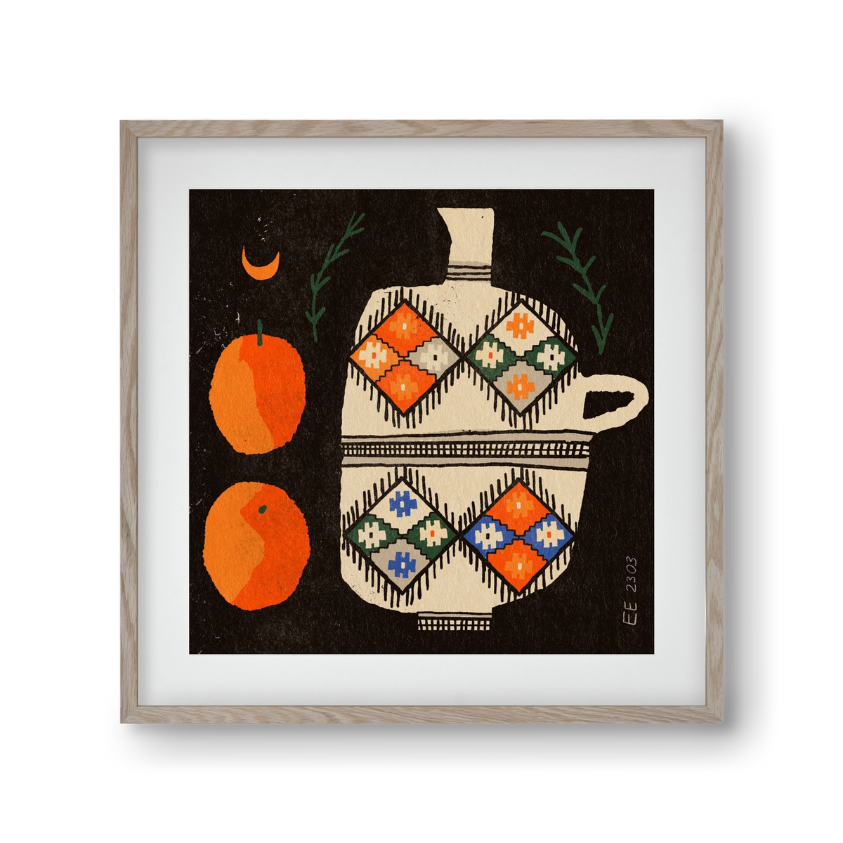 Bedouin patterned vase with clementines , 30x30 cm (20x20 cm), Tölgy keret, paszpartuval