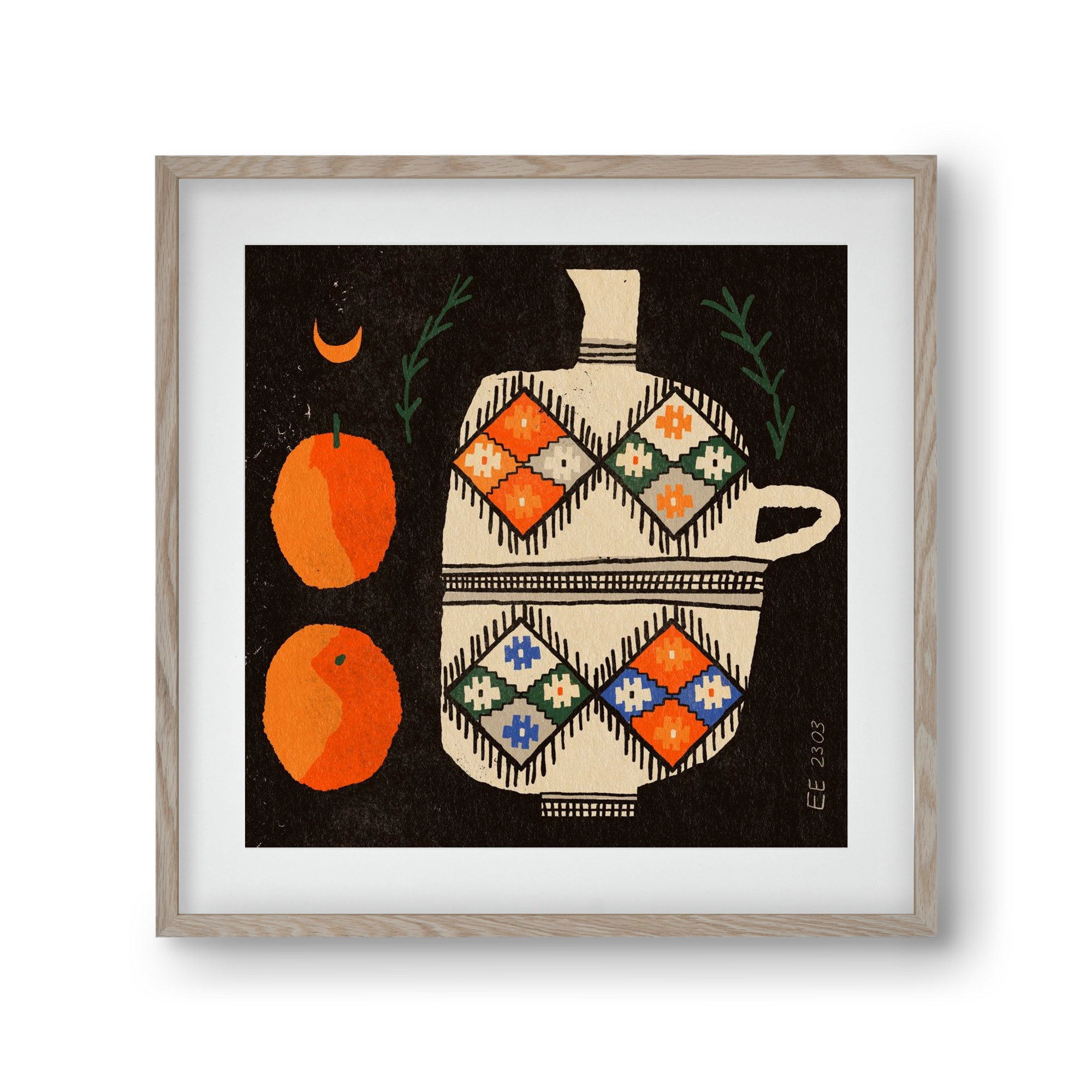Bedouin patterned vase with clementines , 30x30 cm (20x20 cm), Tölgy keret, paszpartuval