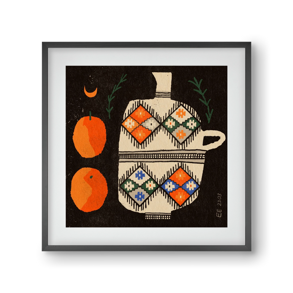Bedouin patterned vase with clementines , 30x30 cm (20x20 cm), Fekete keret, paszpartuval