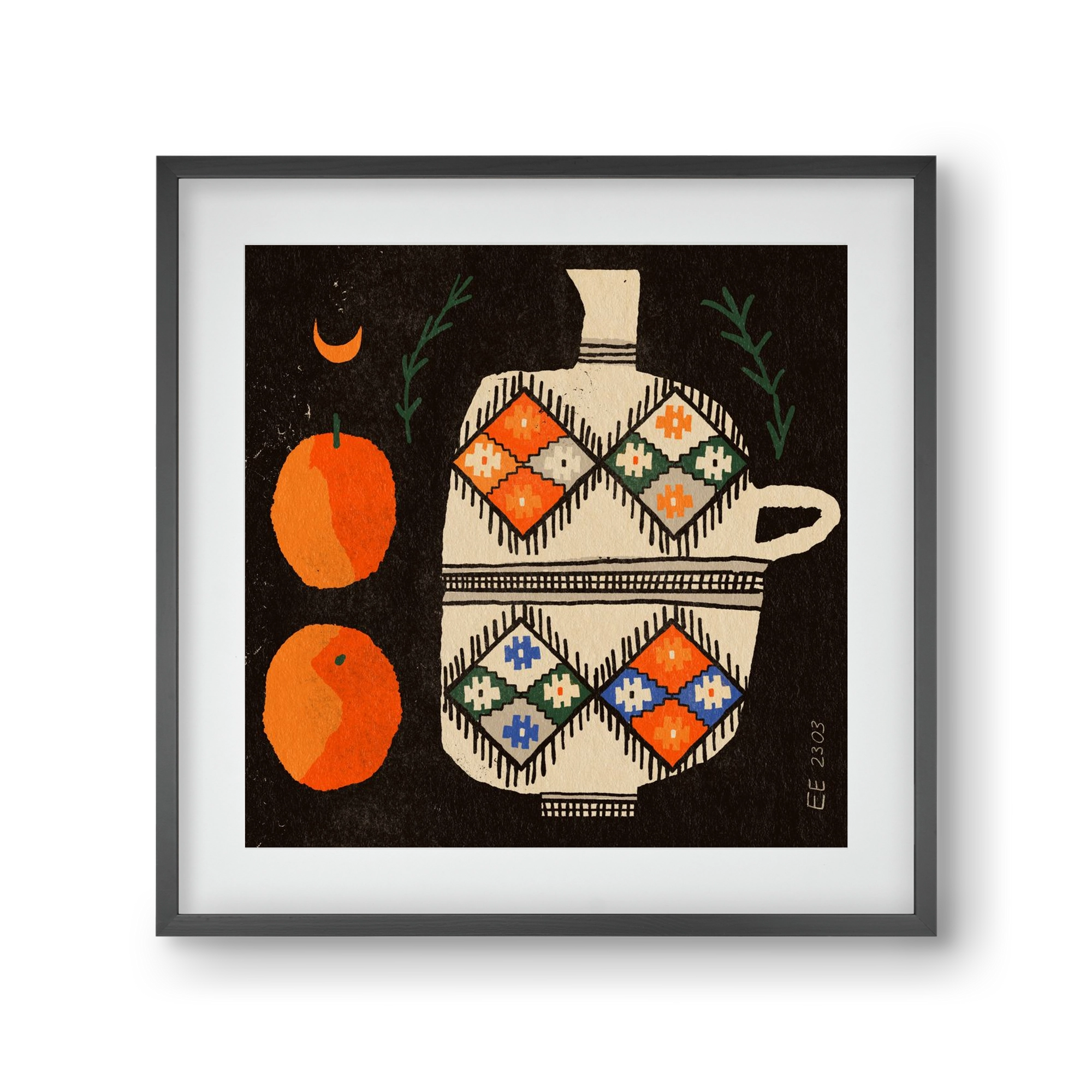 Bedouin patterned vase with clementines , 30x30 cm (20x20 cm), Fekete keret, paszpartuval