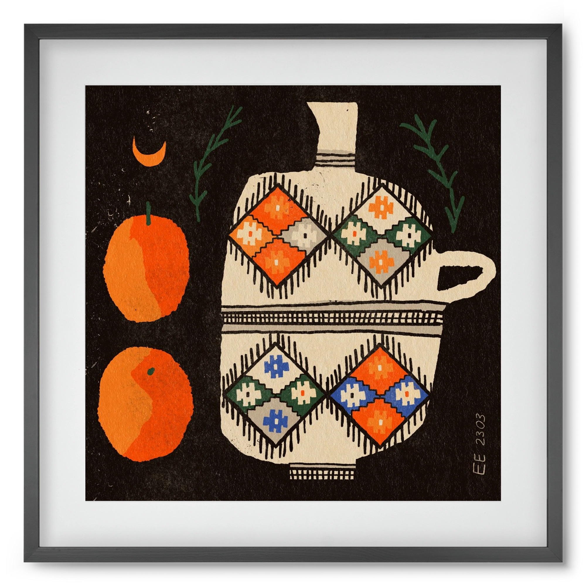 Bedouin patterned vase with clementines , 50x50 cm (40x40 cm), Fekete keret, paszpartuval