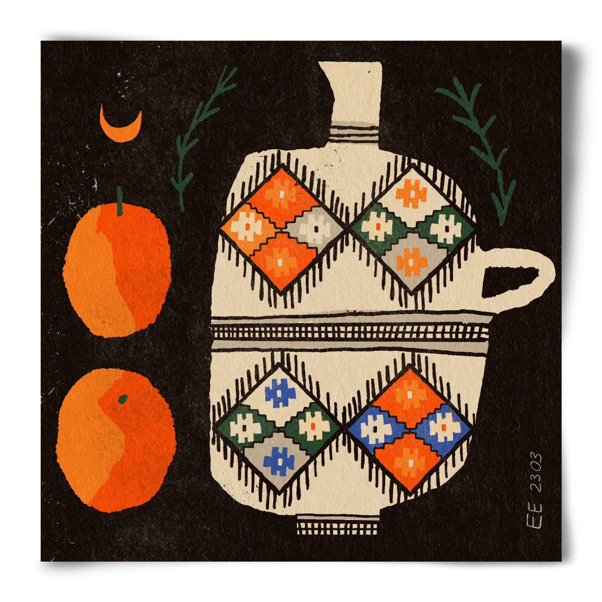 Bedouin patterned vase with clementines , 50x50 cm, Keret nélkül