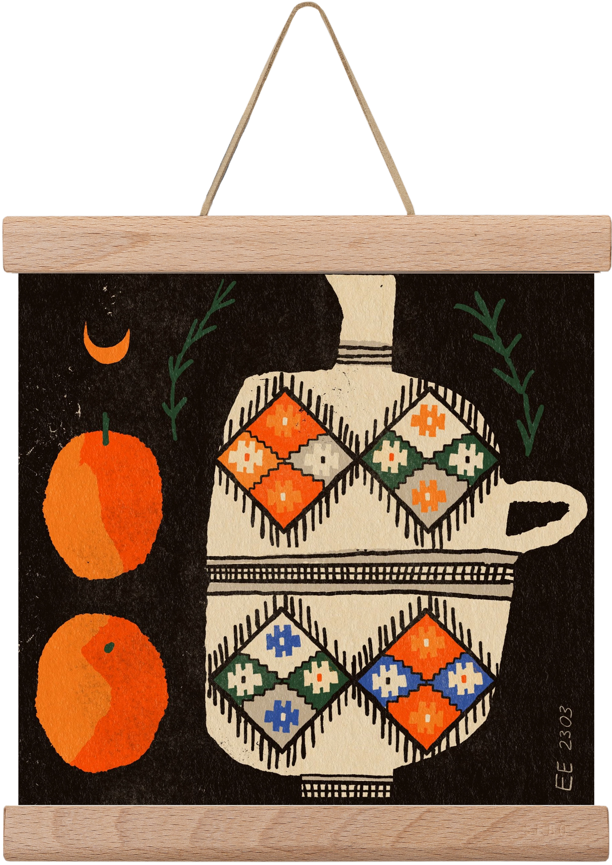 Bedouin patterned vase with clementines , 20x20 cm (20x20 cm), Tölgy akasztó