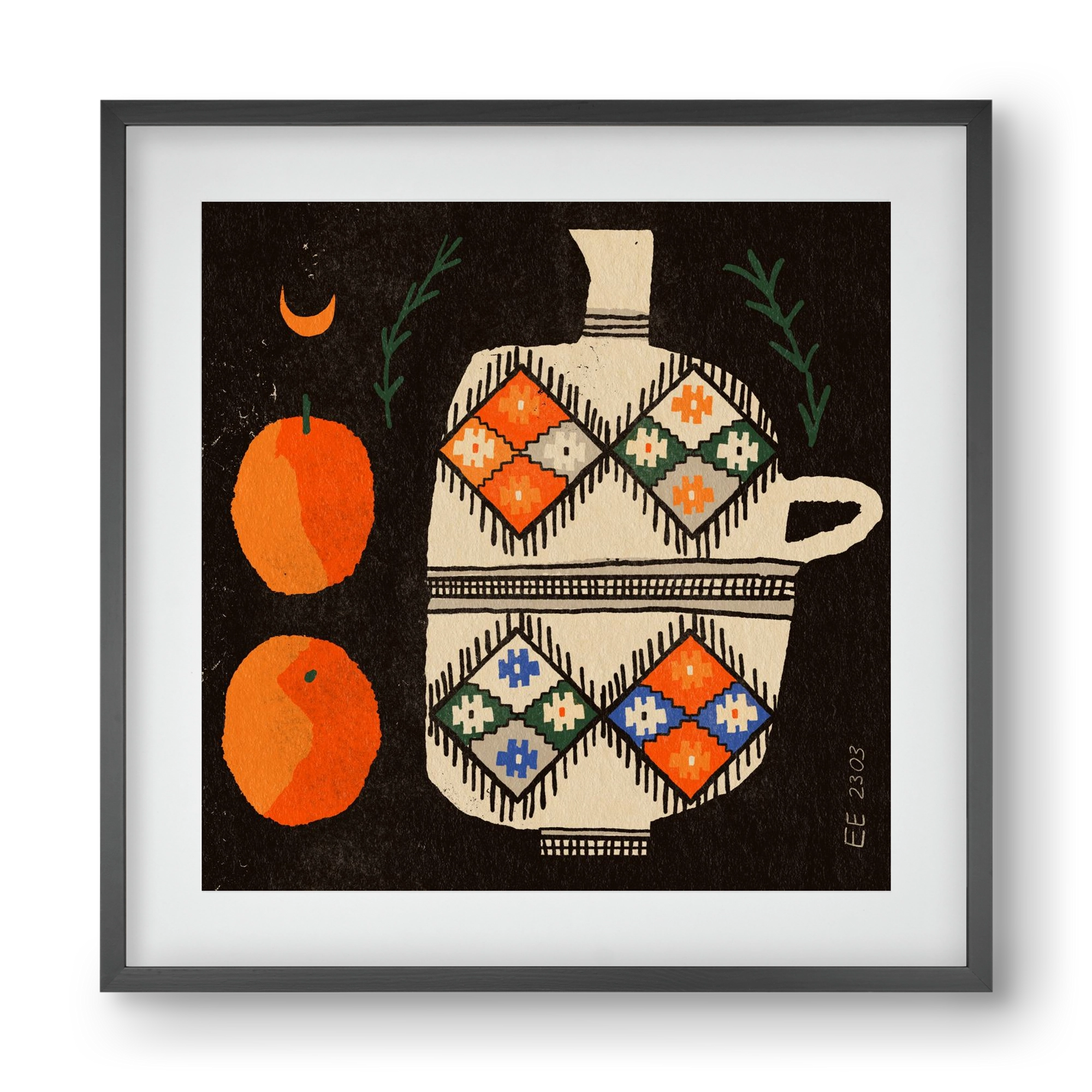 Bedouin patterned vase with clementines , 40x40 cm (30x30 cm), Fekete keret, paszpartuval