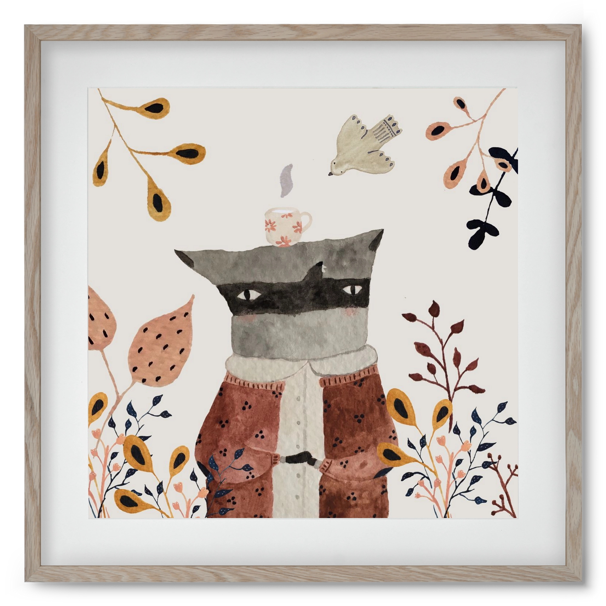 Teázó mosómedve, 50x50 cm (40x40 cm), Tölgy keret, paszpartuval