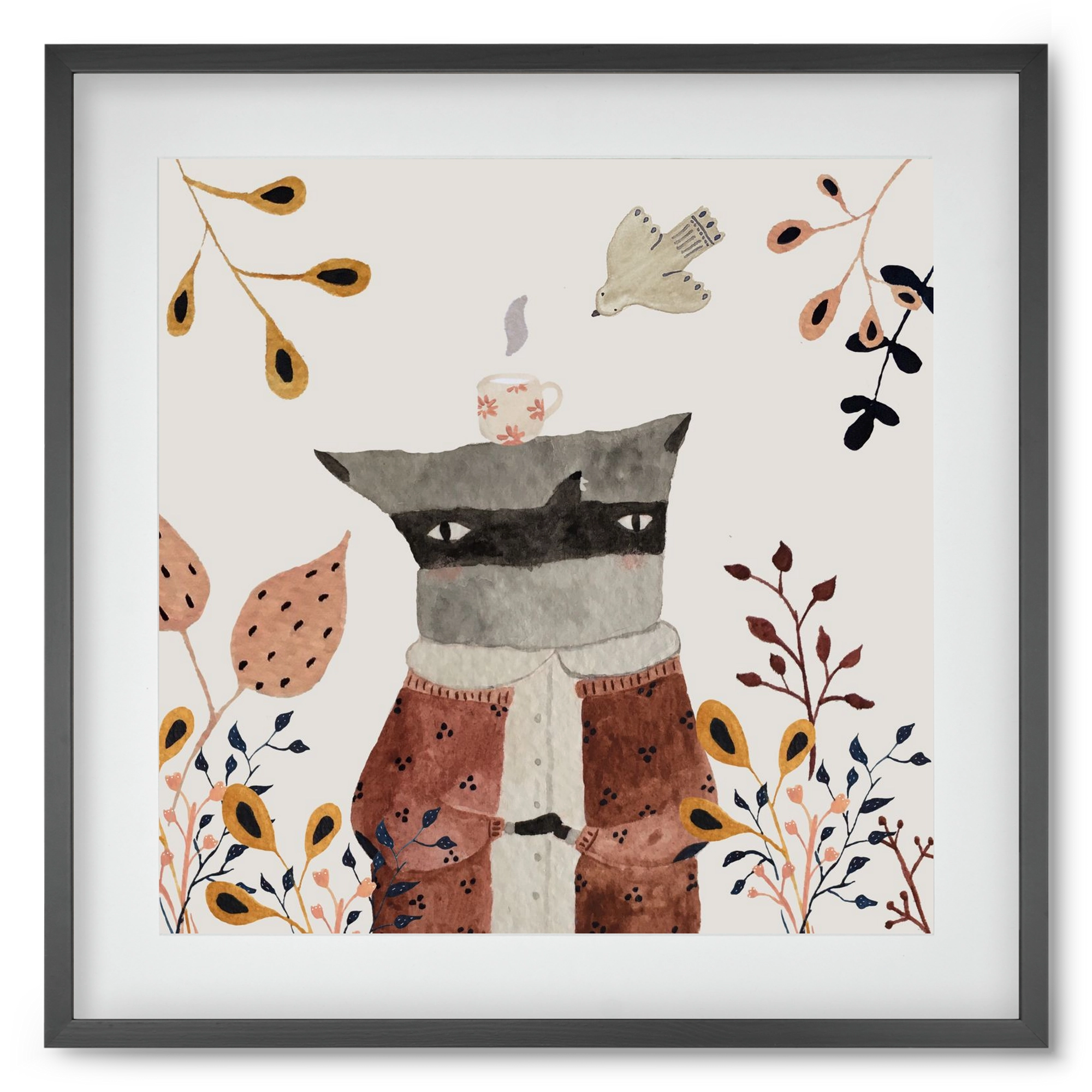 Teázó mosómedve, 50x50 cm (40x40 cm), Fekete keret, paszpartuval