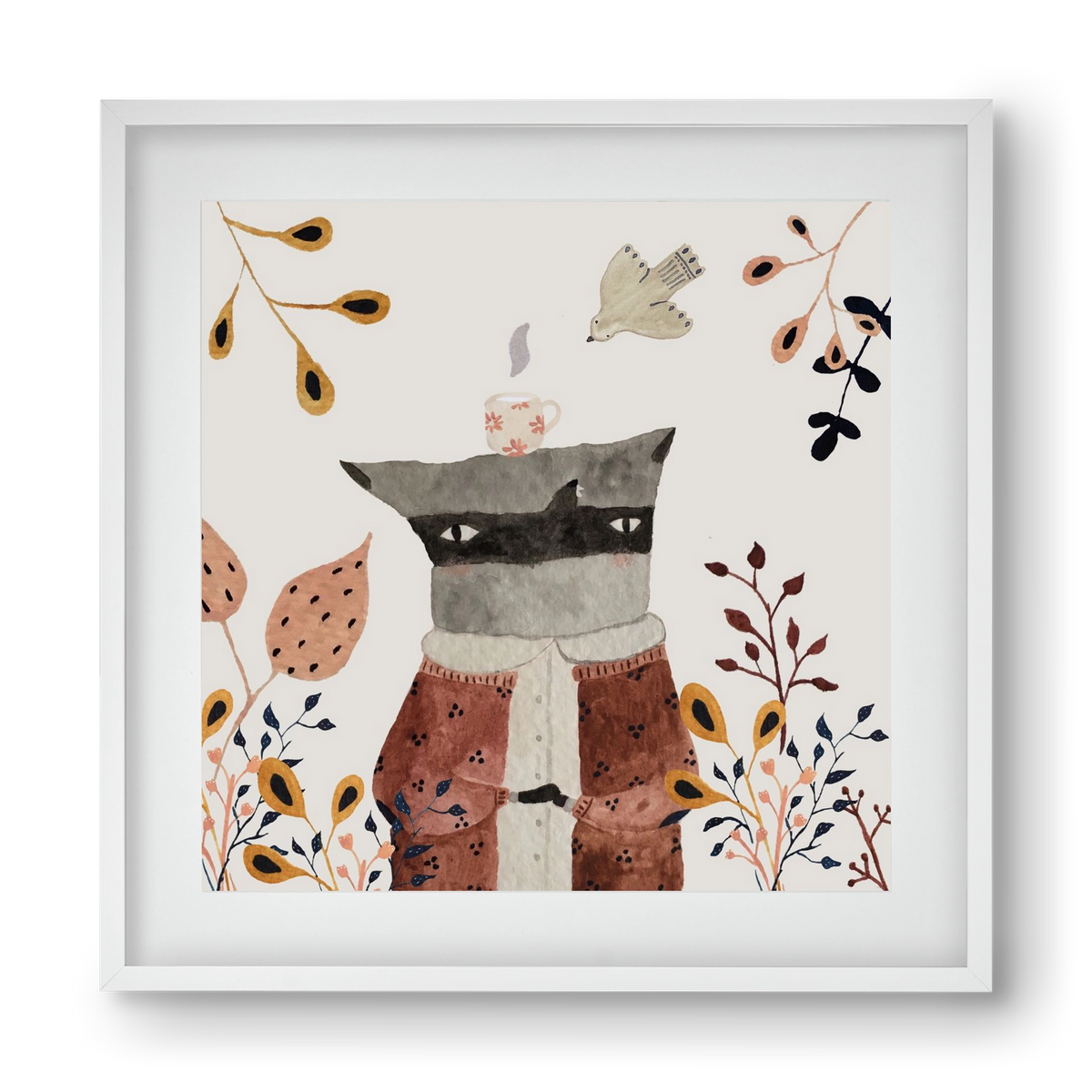 Teázó mosómedve, 40x40 cm (30x30 cm), Fehér keret, paszpartuval