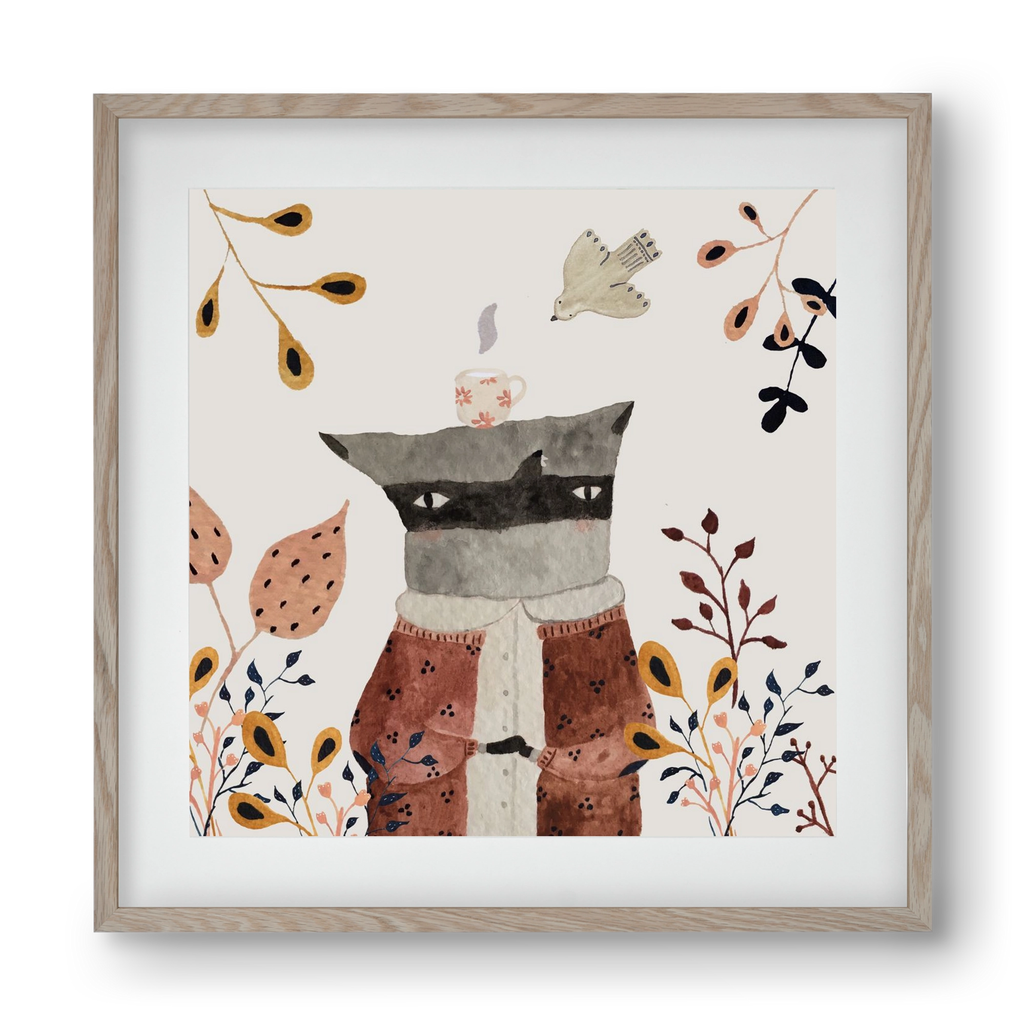 Teázó mosómedve, 40x40 cm (30x30 cm), Tölgy keret, paszpartuval