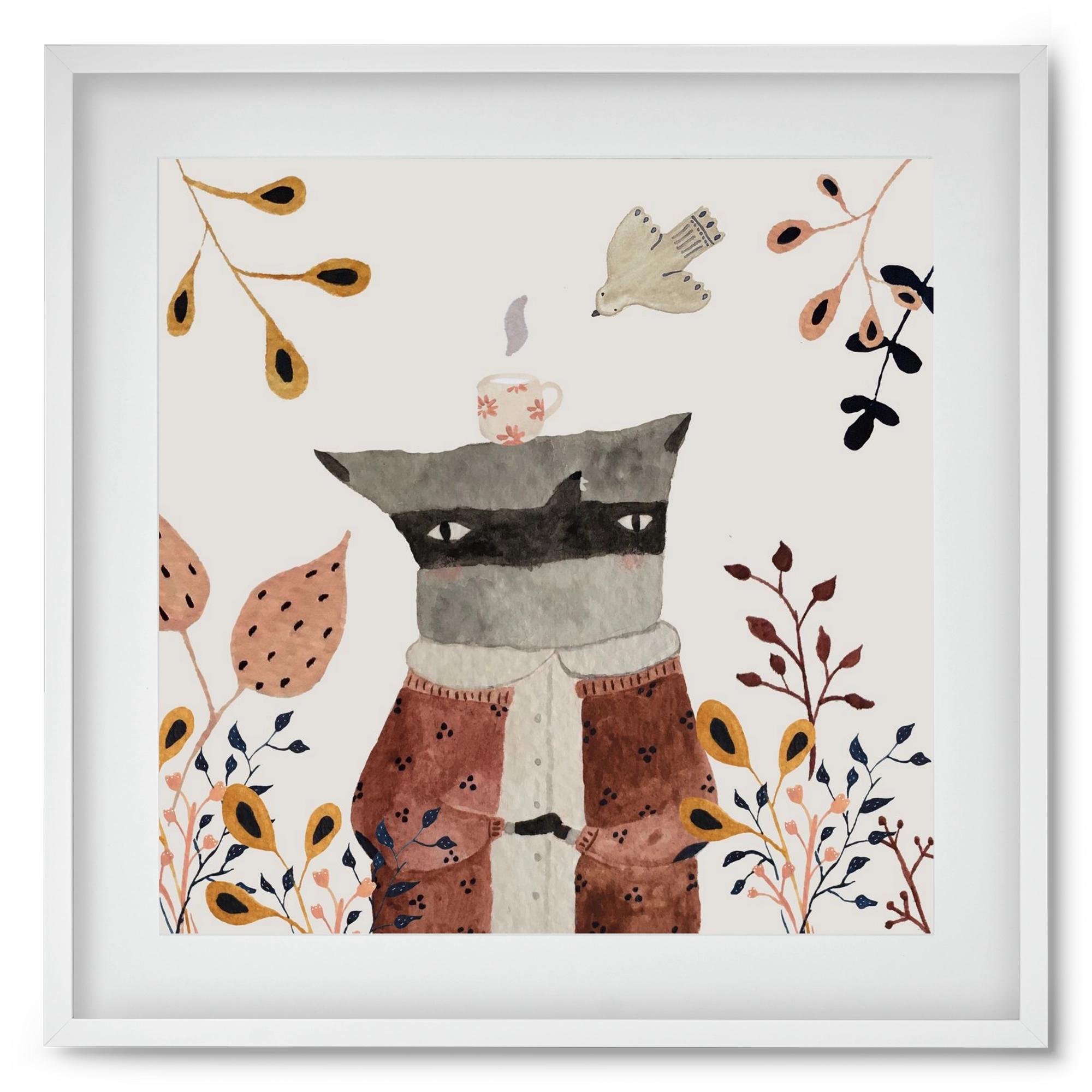 Teázó mosómedve, 50x50 cm (40x40 cm), Fehér keret, paszpartuval