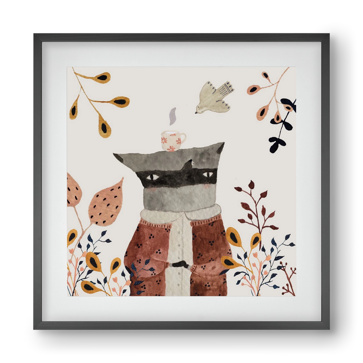 Teázó mosómedve, 40x40 cm (30x30 cm), Fekete keret, paszpartuval