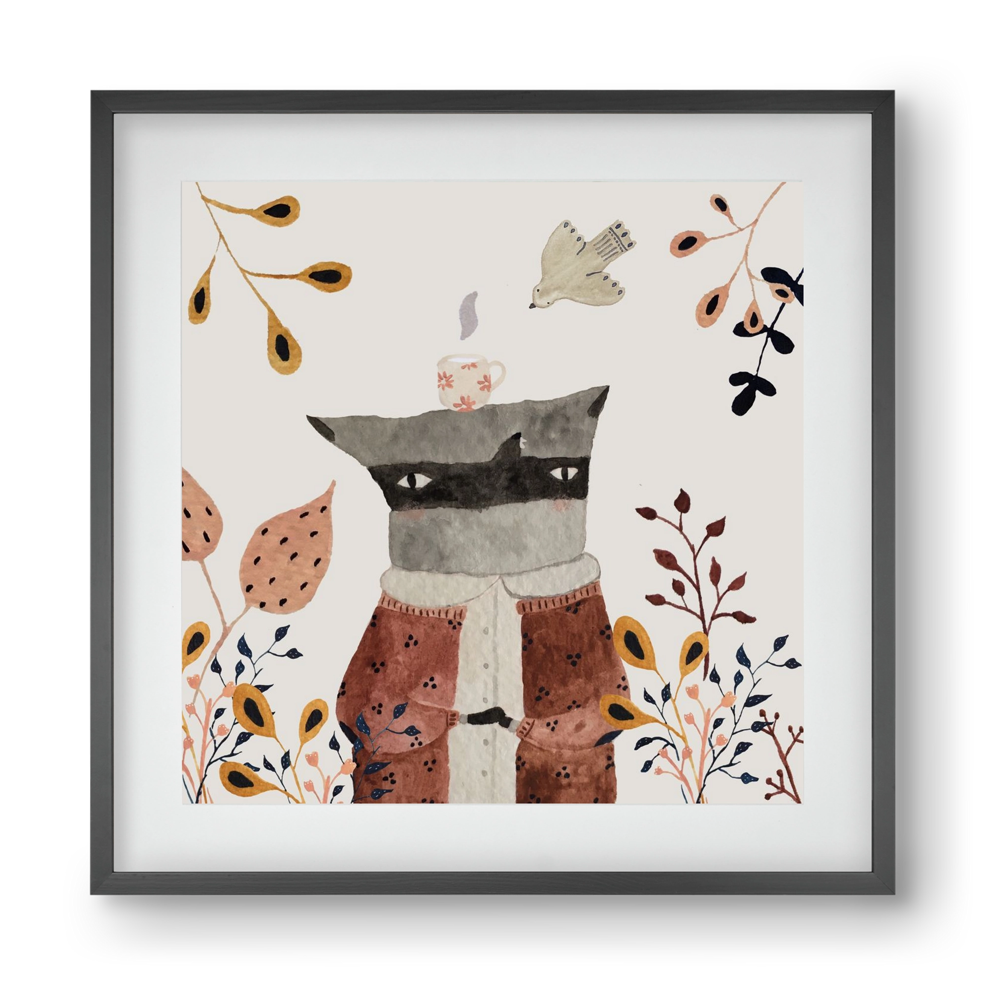 Teázó mosómedve, 40x40 cm (30x30 cm), Fekete keret, paszpartuval