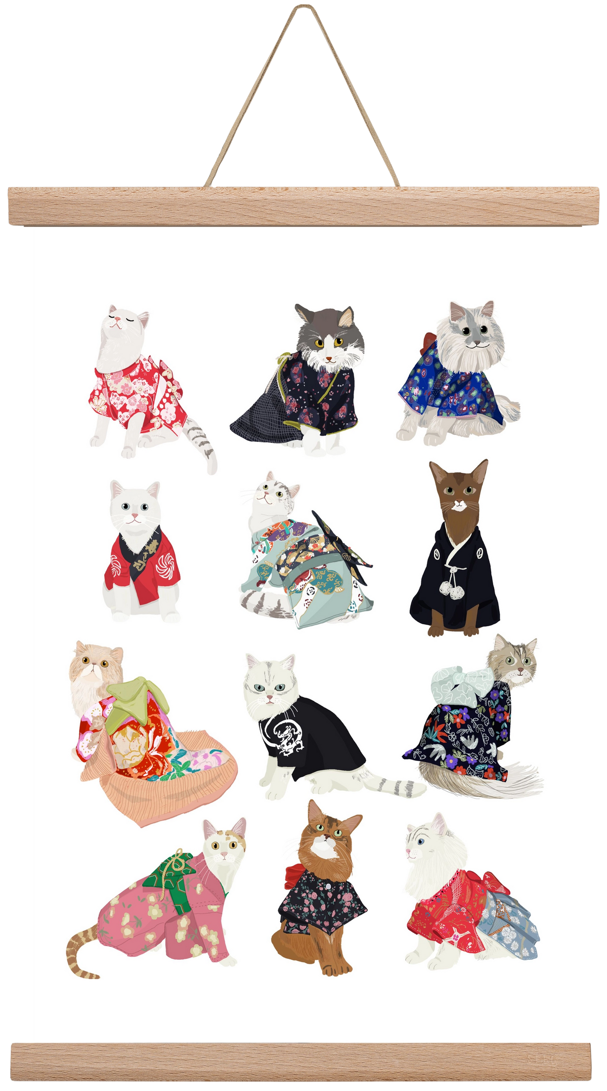 Cats in Kimono, 30x45 cm (30x45 cm), Tölgy akasztó