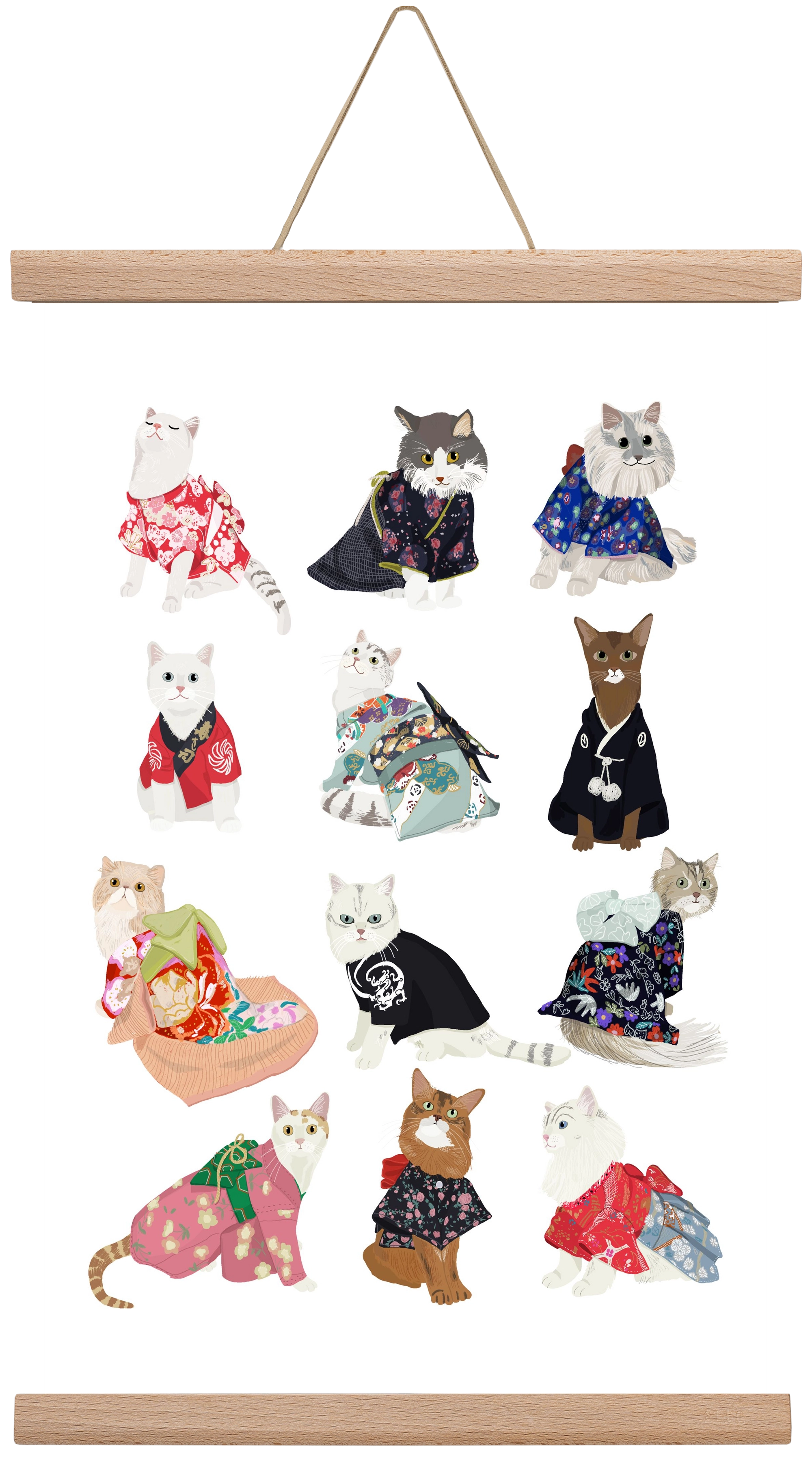 Cats in Kimono, 30x45 cm (30x45 cm), Tölgy akasztó