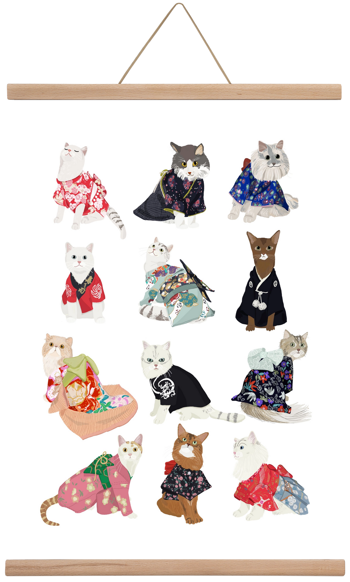 Cats in Kimono, 40x60 cm (40x60 cm), Tölgy akasztó