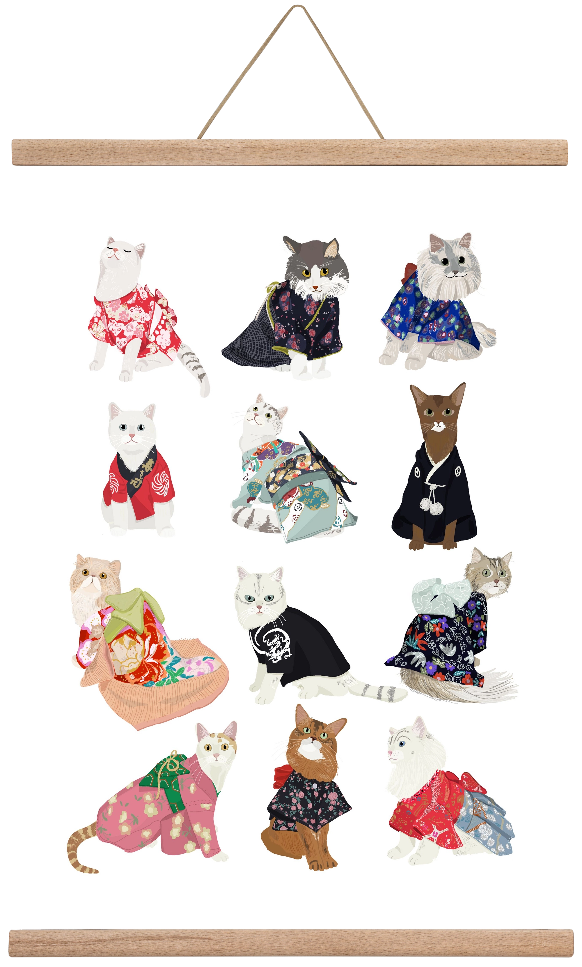Cats in Kimono, 40x60 cm (40x60 cm), Tölgy akasztó