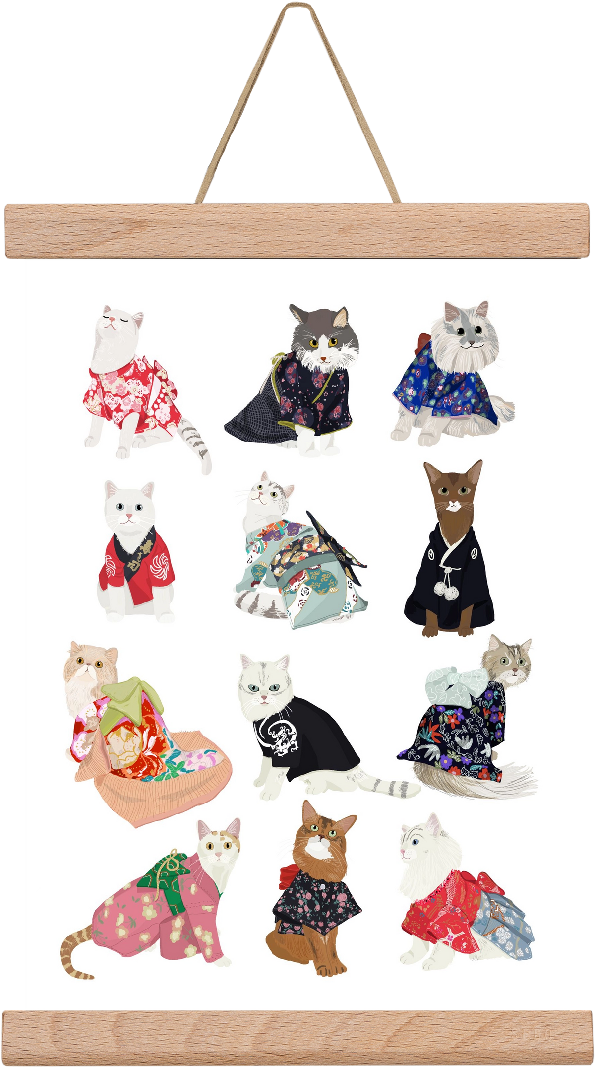 Cats in Kimono, 20x30 cm (20x30 cm), Tölgy akasztó