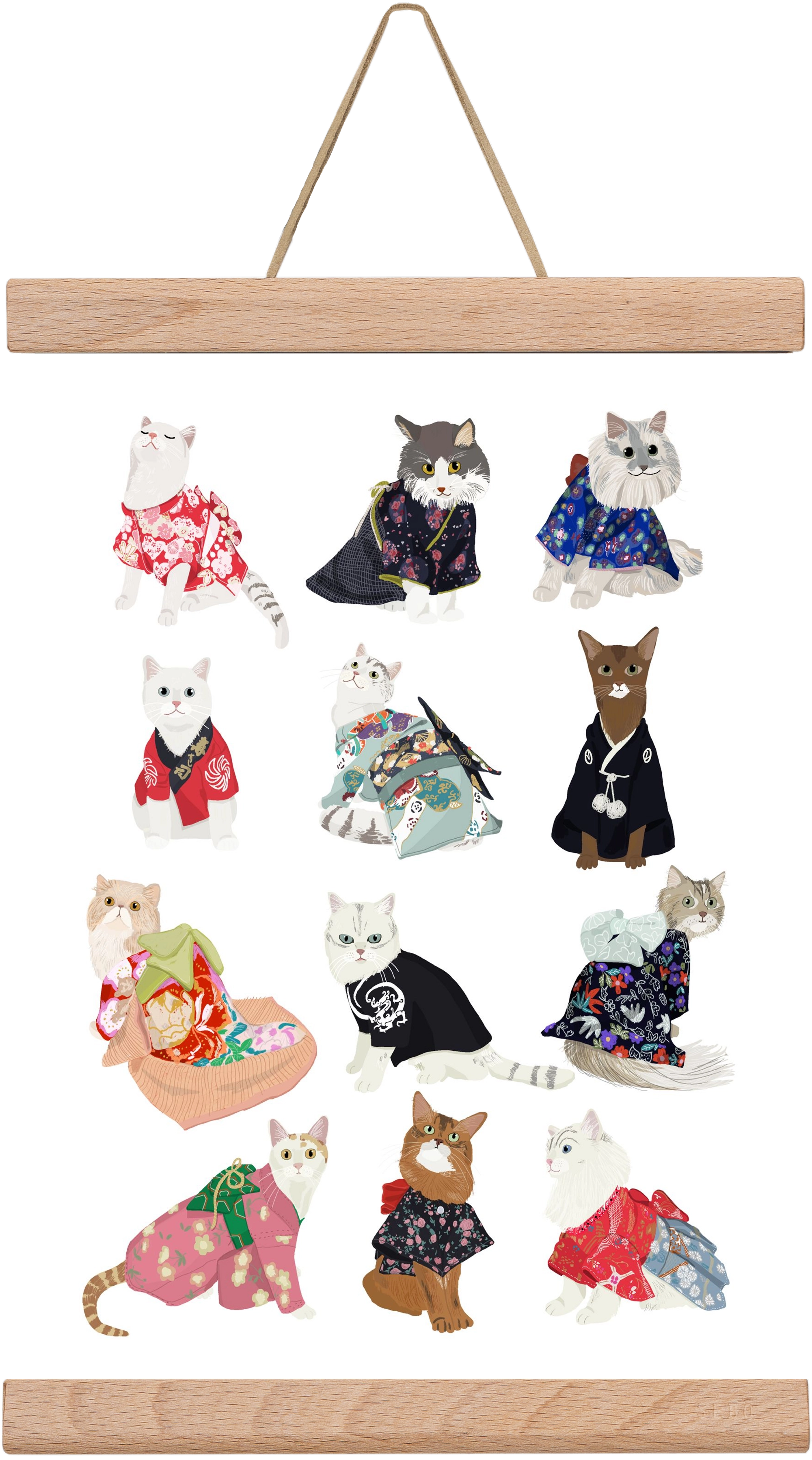 Cats in Kimono, 20x30 cm (20x30 cm), Tölgy akasztó