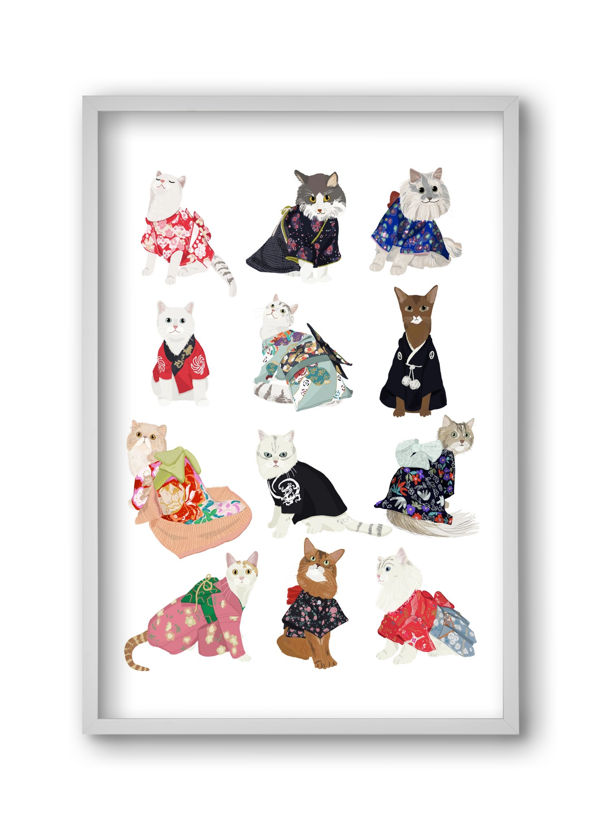 Cats in Kimono, 30x45 cm (30x45 cm), Fehér keret