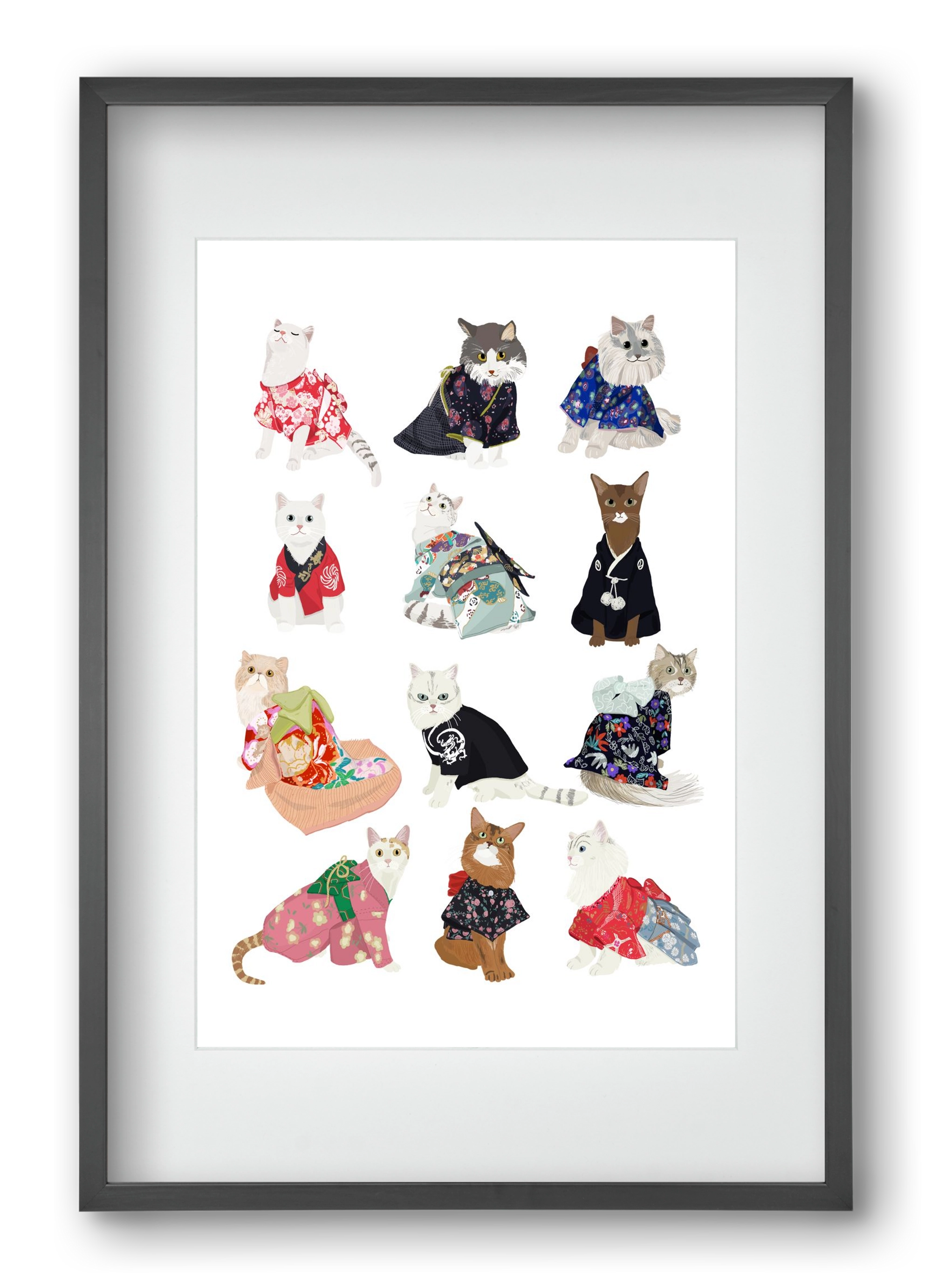 Cats in Kimono, 40x60 cm (30x45 cm), Fekete keret, paszpartuval