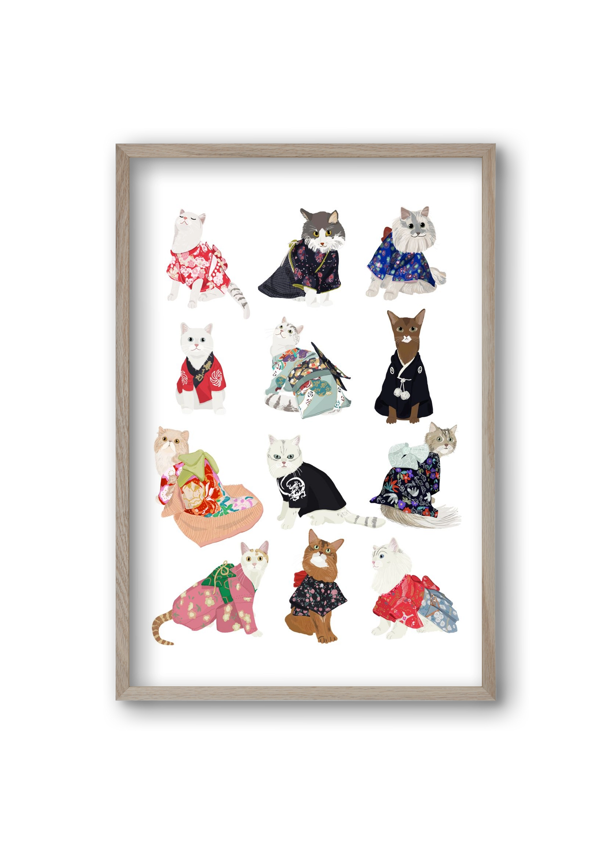 Cats in Kimono, 20x30 cm (20x30 cm), Tölgy keret