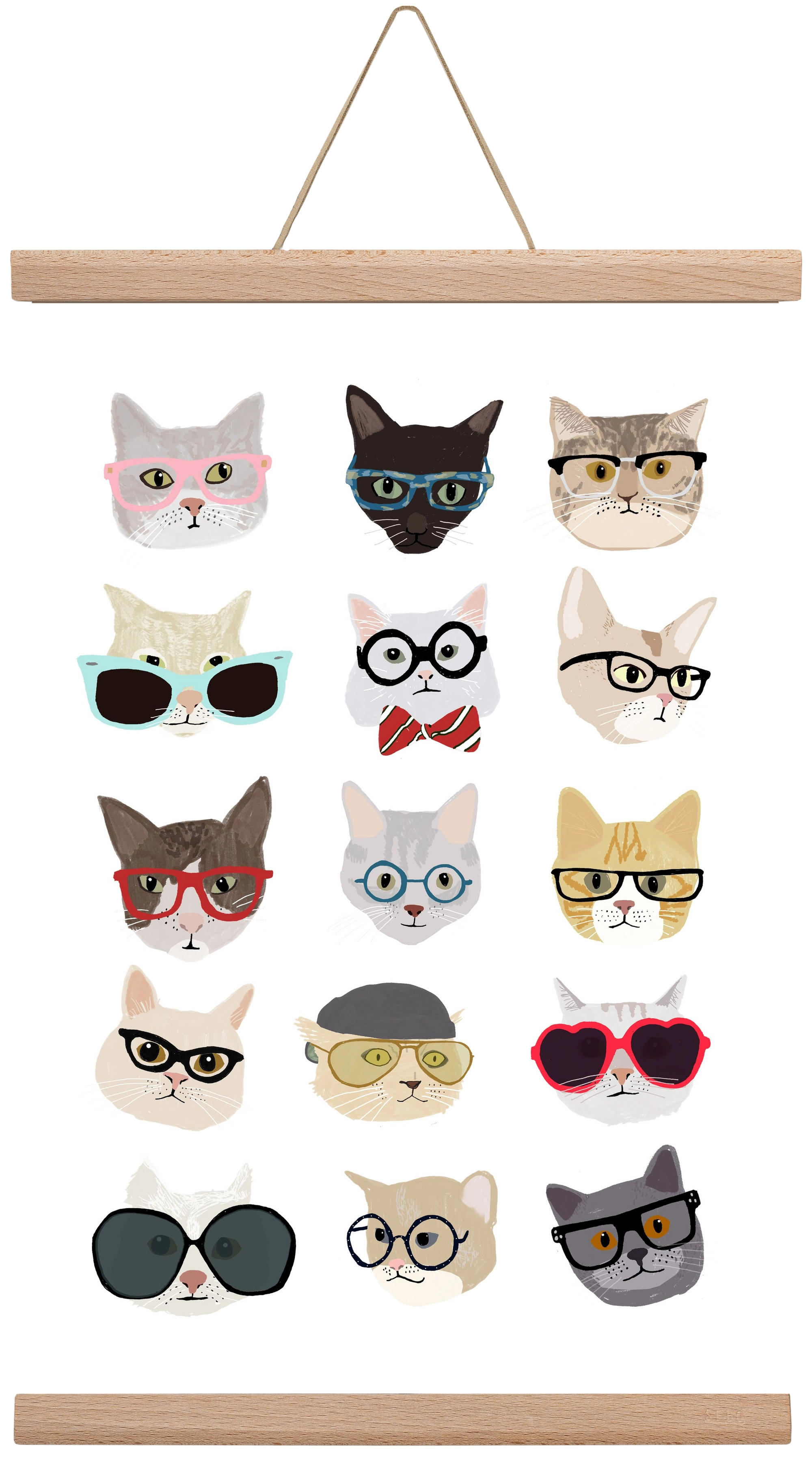 Cats in Glasses, 30x45 cm (30x45 cm), Tölgy akasztó
