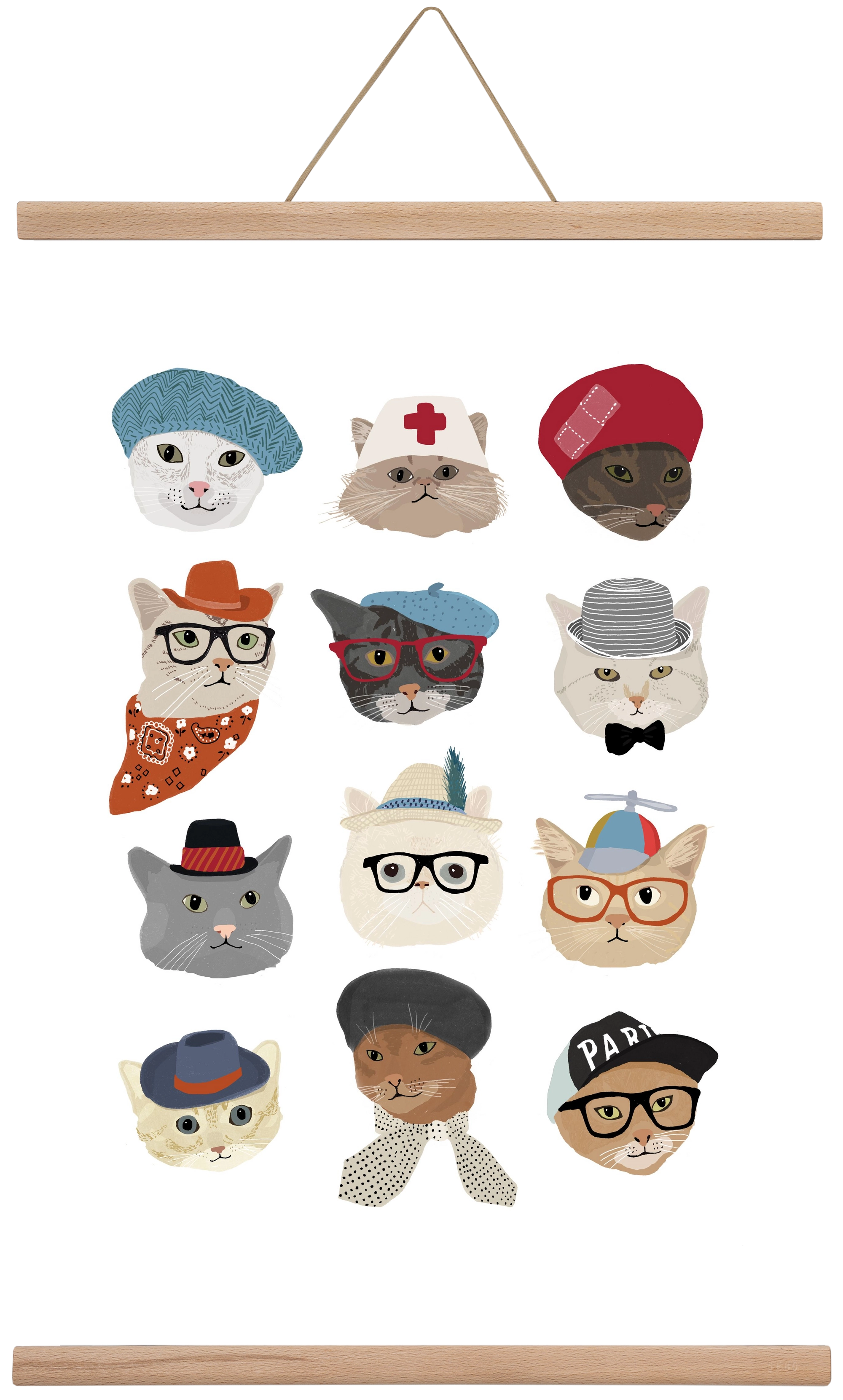 Cats in Hats, 40x60 cm (40x60 cm), Tölgy akasztó