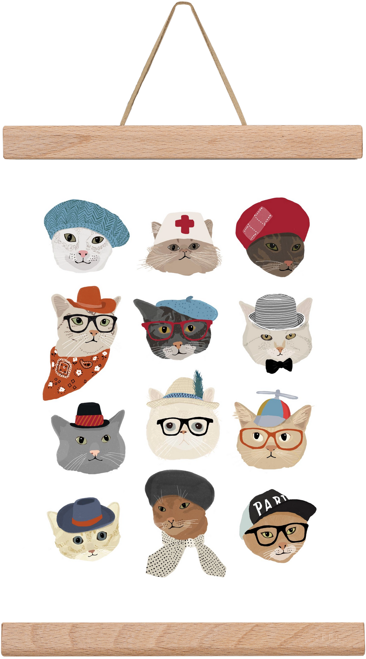 Cats in Hats, 20x30 cm (20x30 cm), Tölgy akasztó