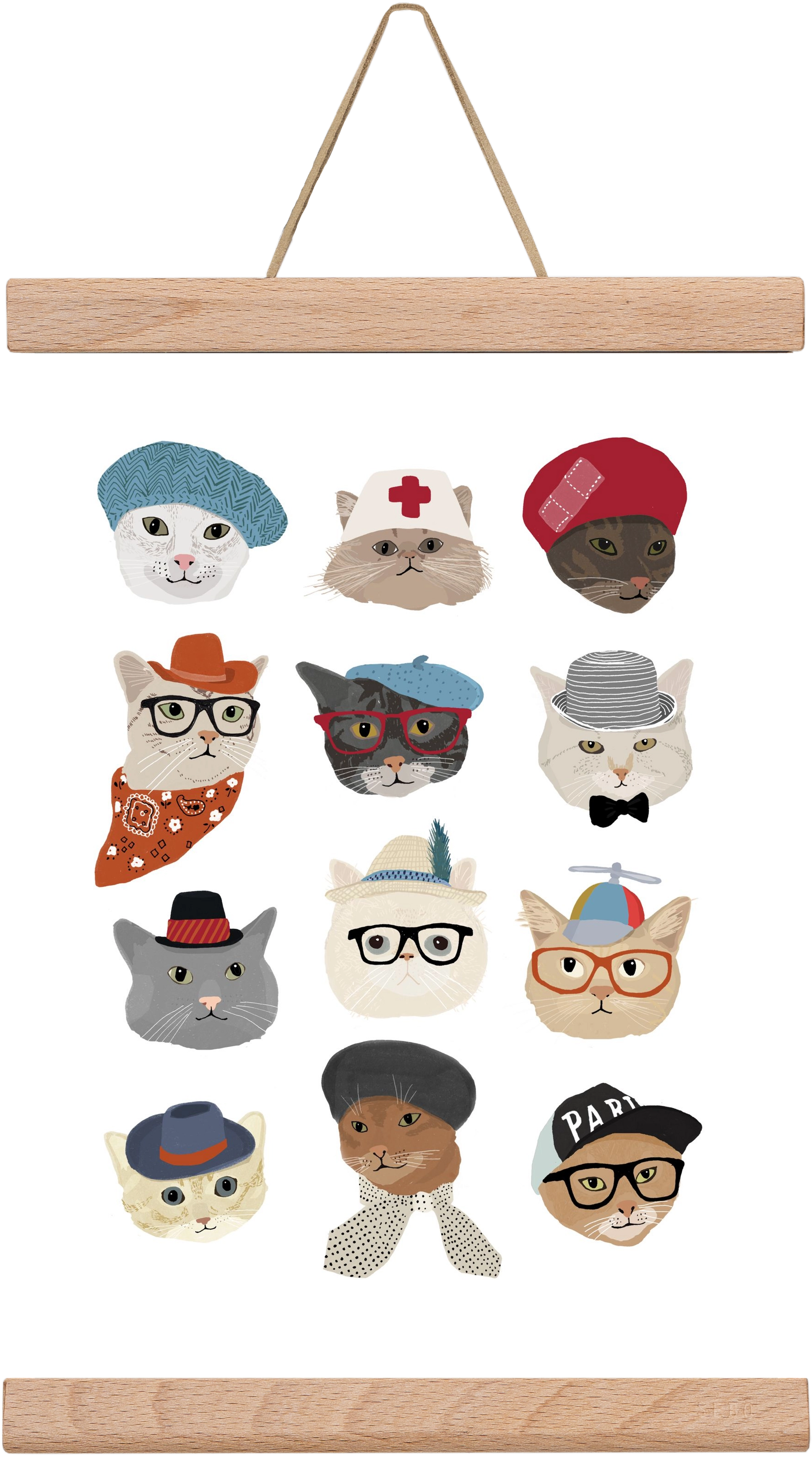 Cats in Hats, 20x30 cm (20x30 cm), Tölgy akasztó