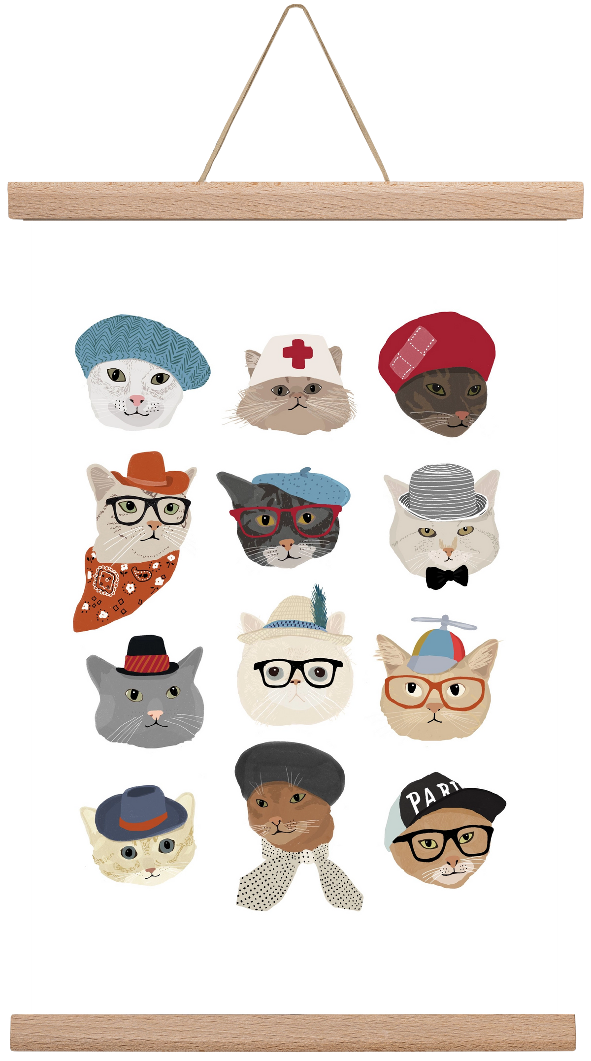 Cats in Hats, 30x45 cm (30x45 cm), Tölgy akasztó