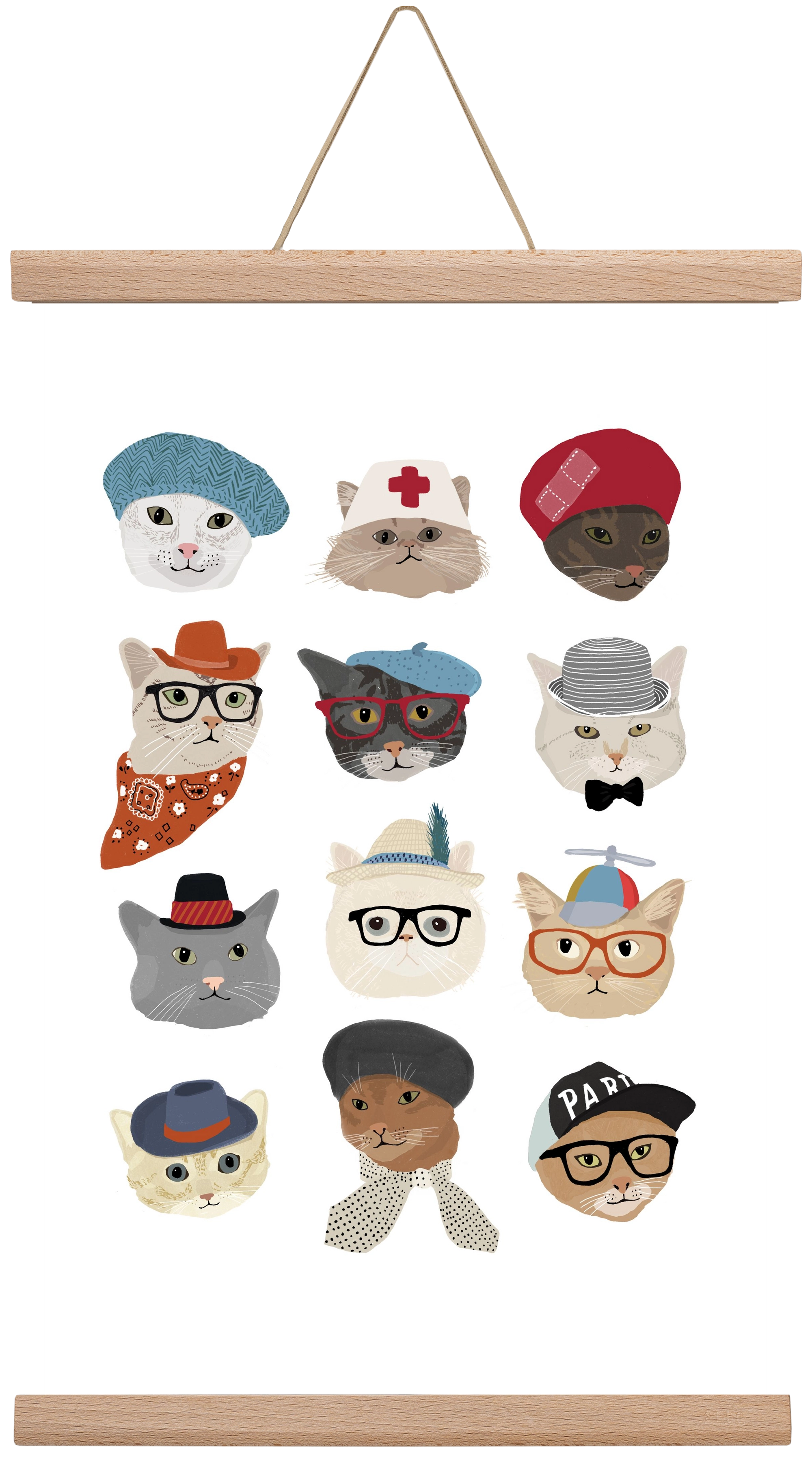 Cats in Hats, 30x45 cm (30x45 cm), Tölgy akasztó
