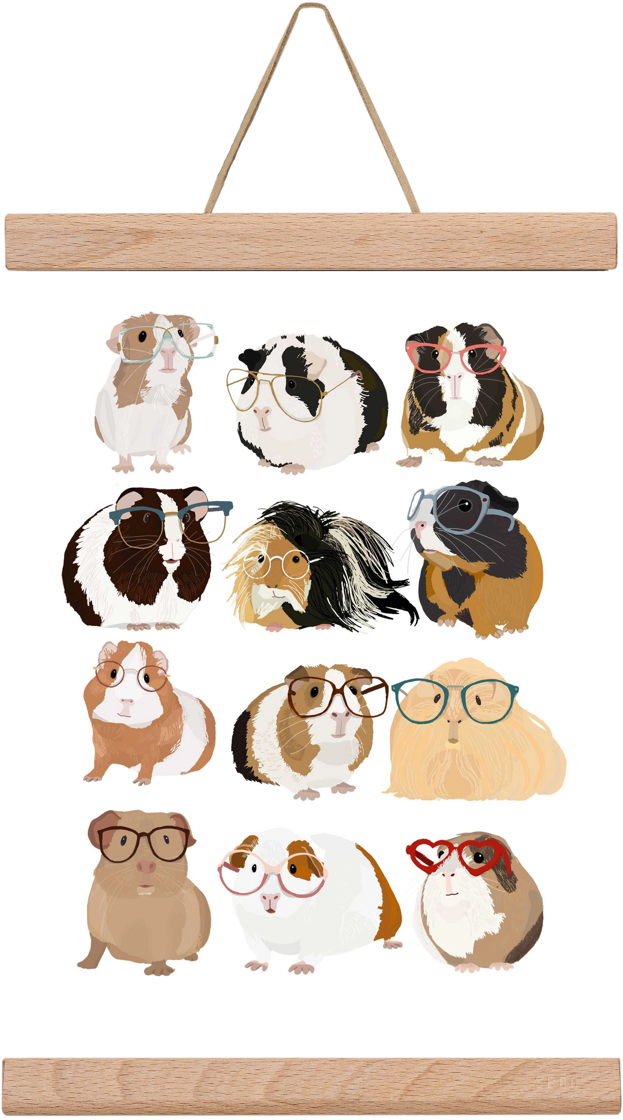 Guinea Pigs in Glasses, 20x30 cm (20x30 cm), Tölgy akasztó