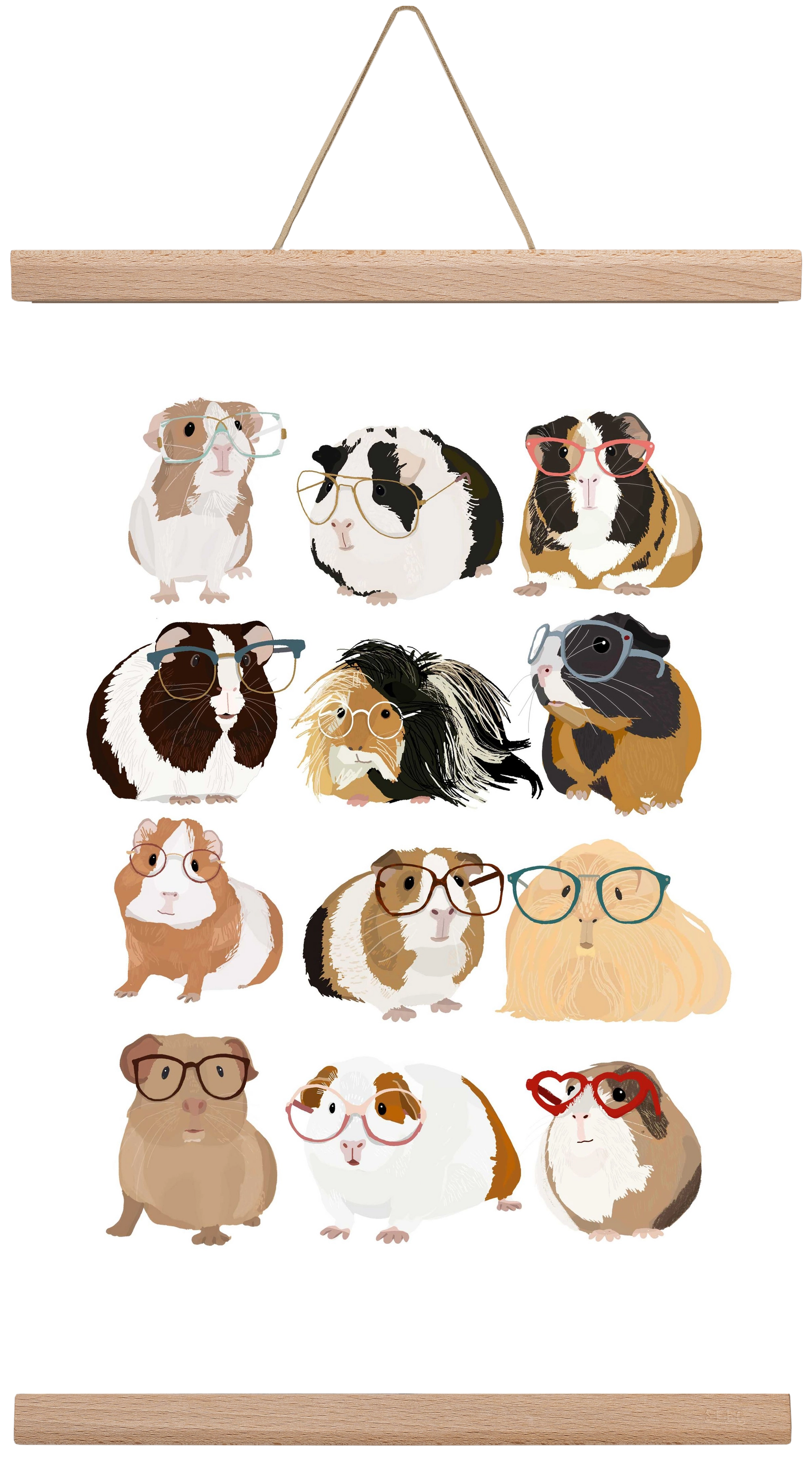 Guinea Pigs in Glasses, 30x45 cm (30x45 cm), Tölgy akasztó