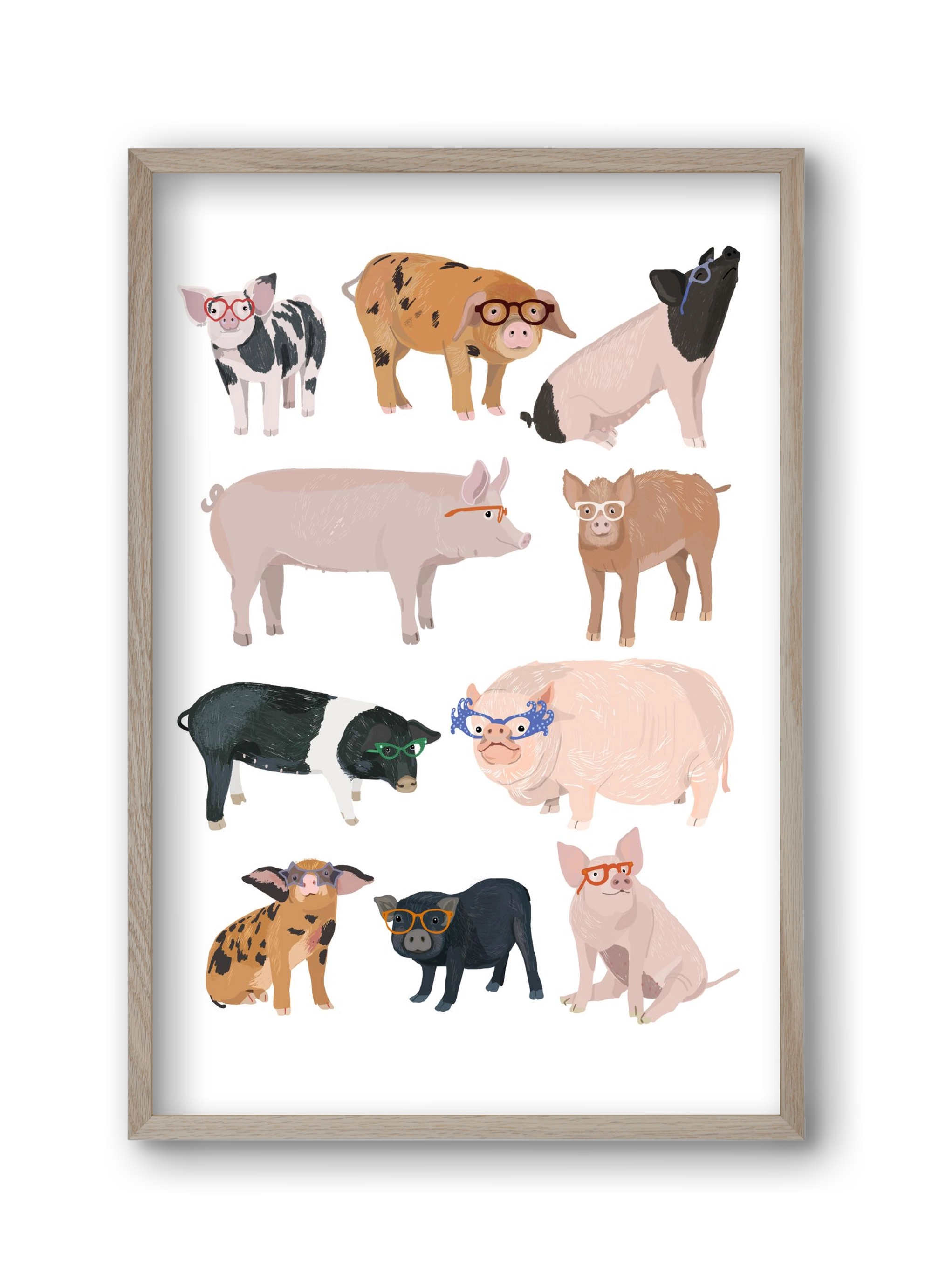 Pigs in Glasses, 30x45 cm (30x45 cm), Tölgy keret