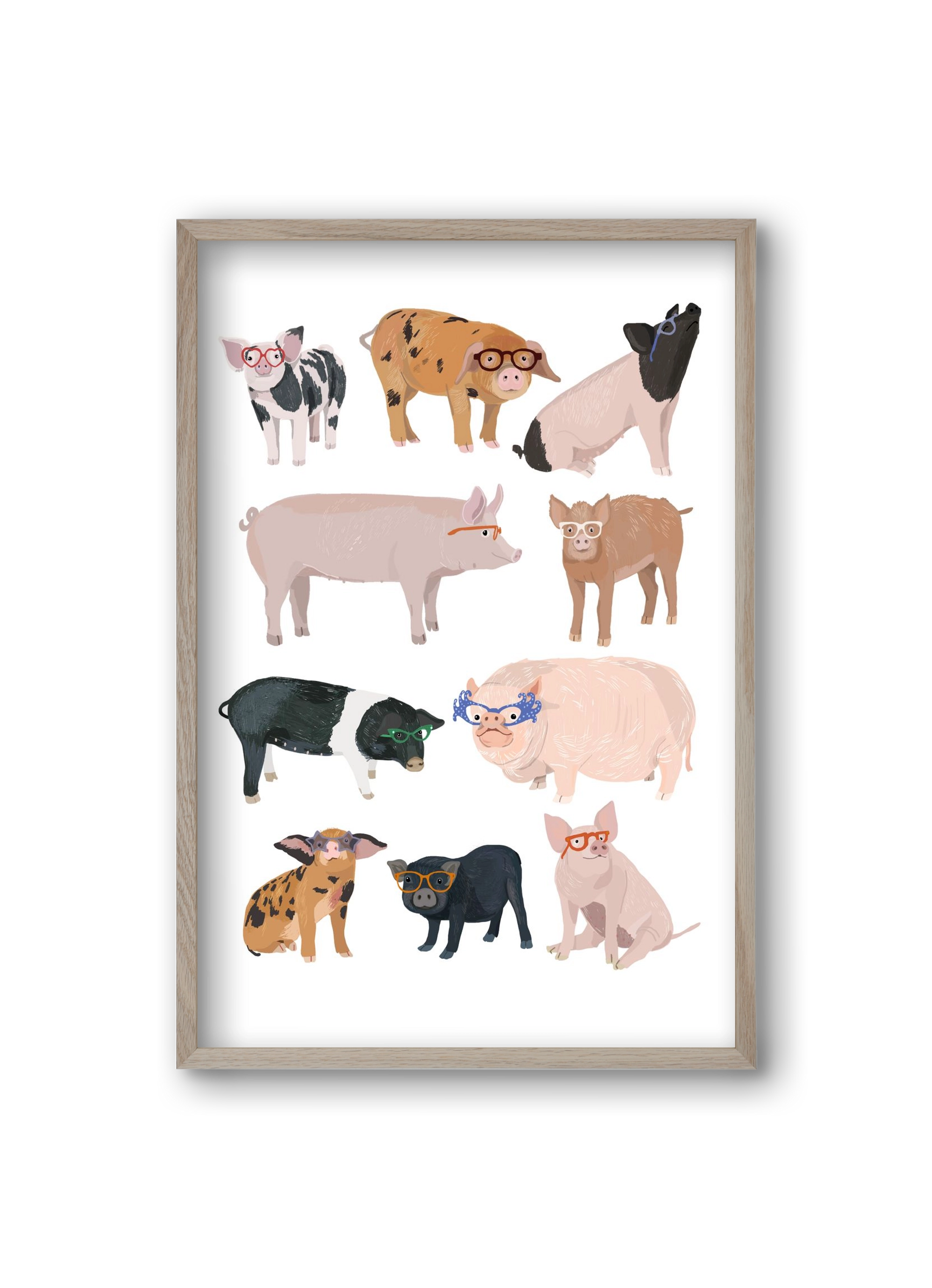 Pigs in Glasses, 20x30 cm (20x30 cm), Tölgy keret