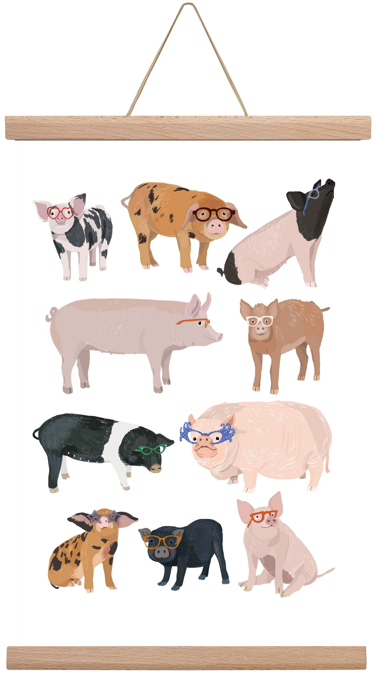 Pigs in Glasses, 30x45 cm (30x45 cm), Tölgy akasztó