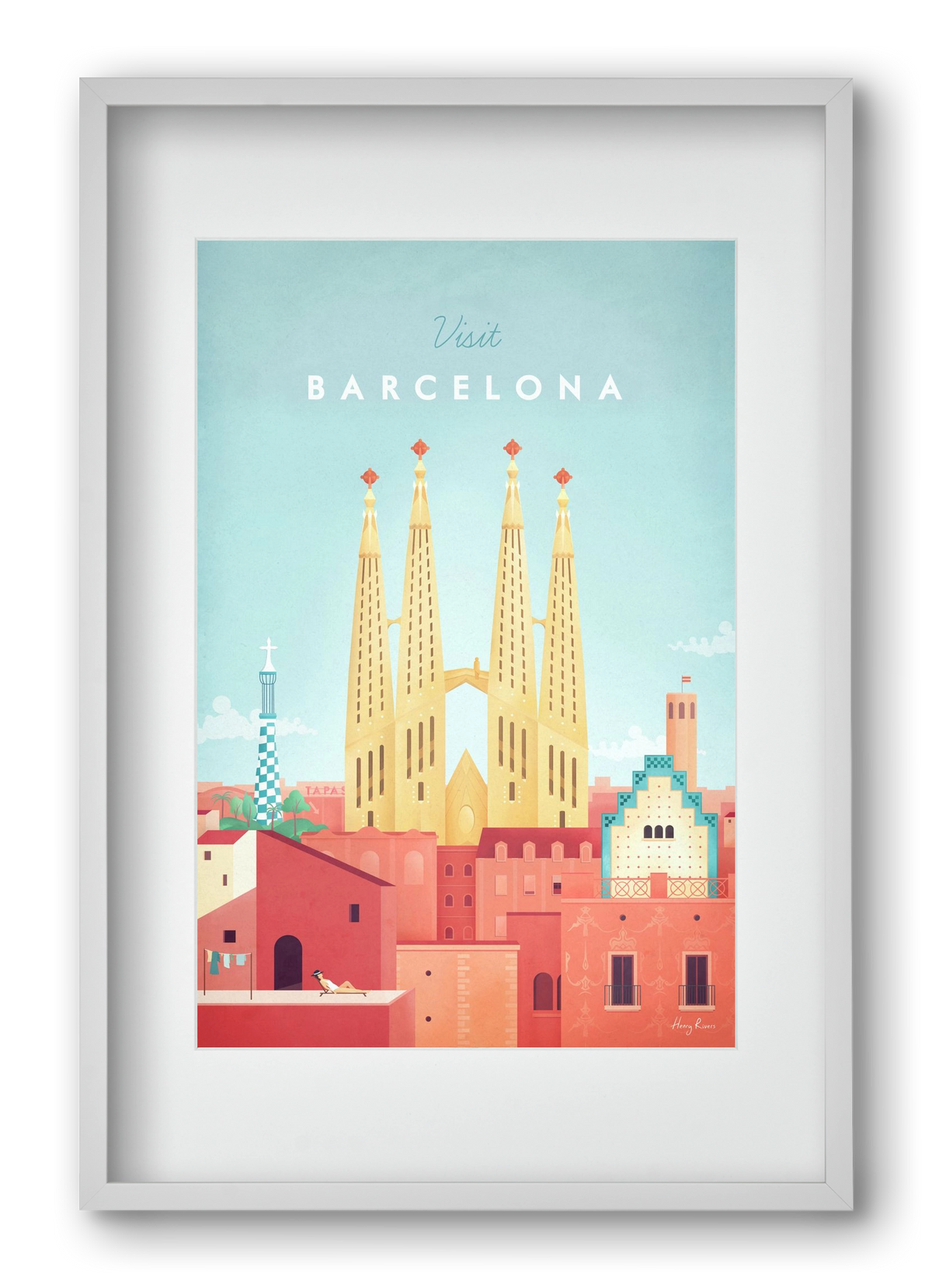 Barcelona Travel Poster, 40x60 cm (30x45 cm), Fehér keret, paszpartuval