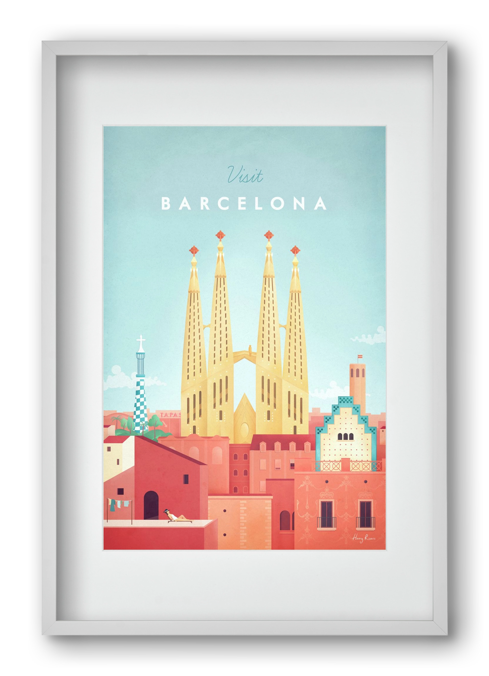 Barcelona Travel Poster, 40x60 cm (30x45 cm), Fehér keret, paszpartuval