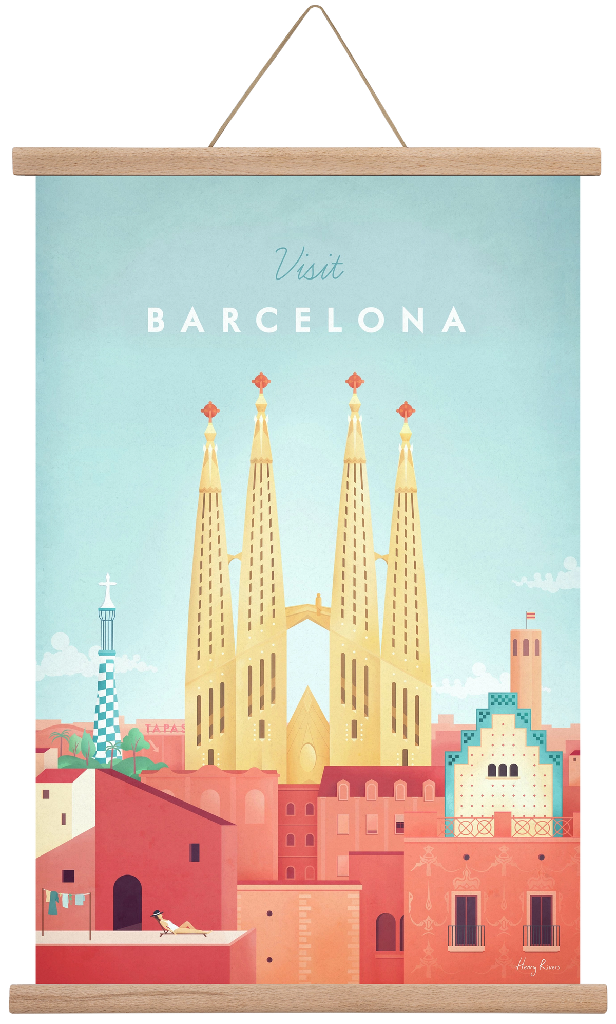 Barcelona Travel Poster, 40x60 cm (40x60 cm), Tölgy akasztó