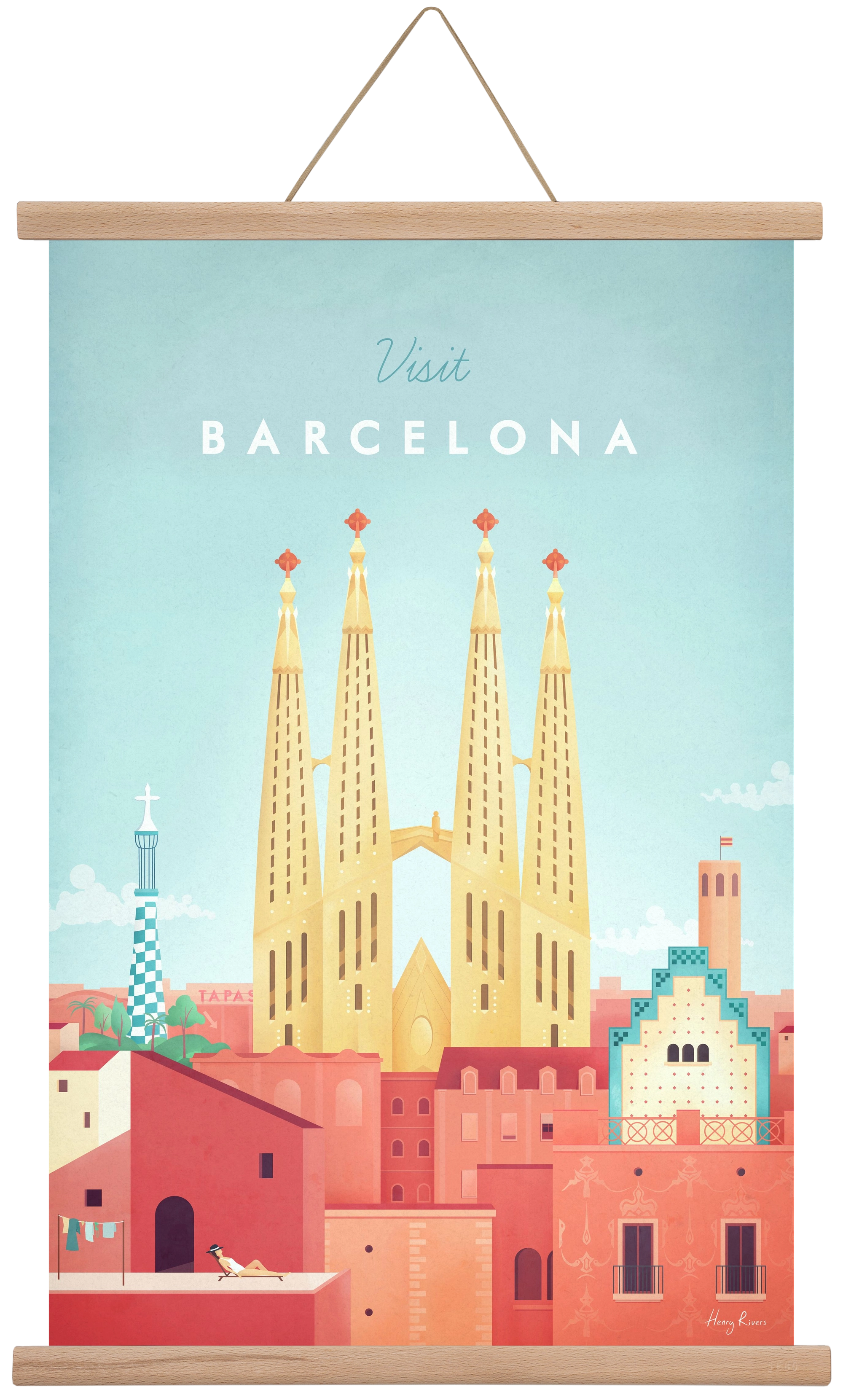 Barcelona Travel Poster, 40x60 cm (40x60 cm), Tölgy akasztó