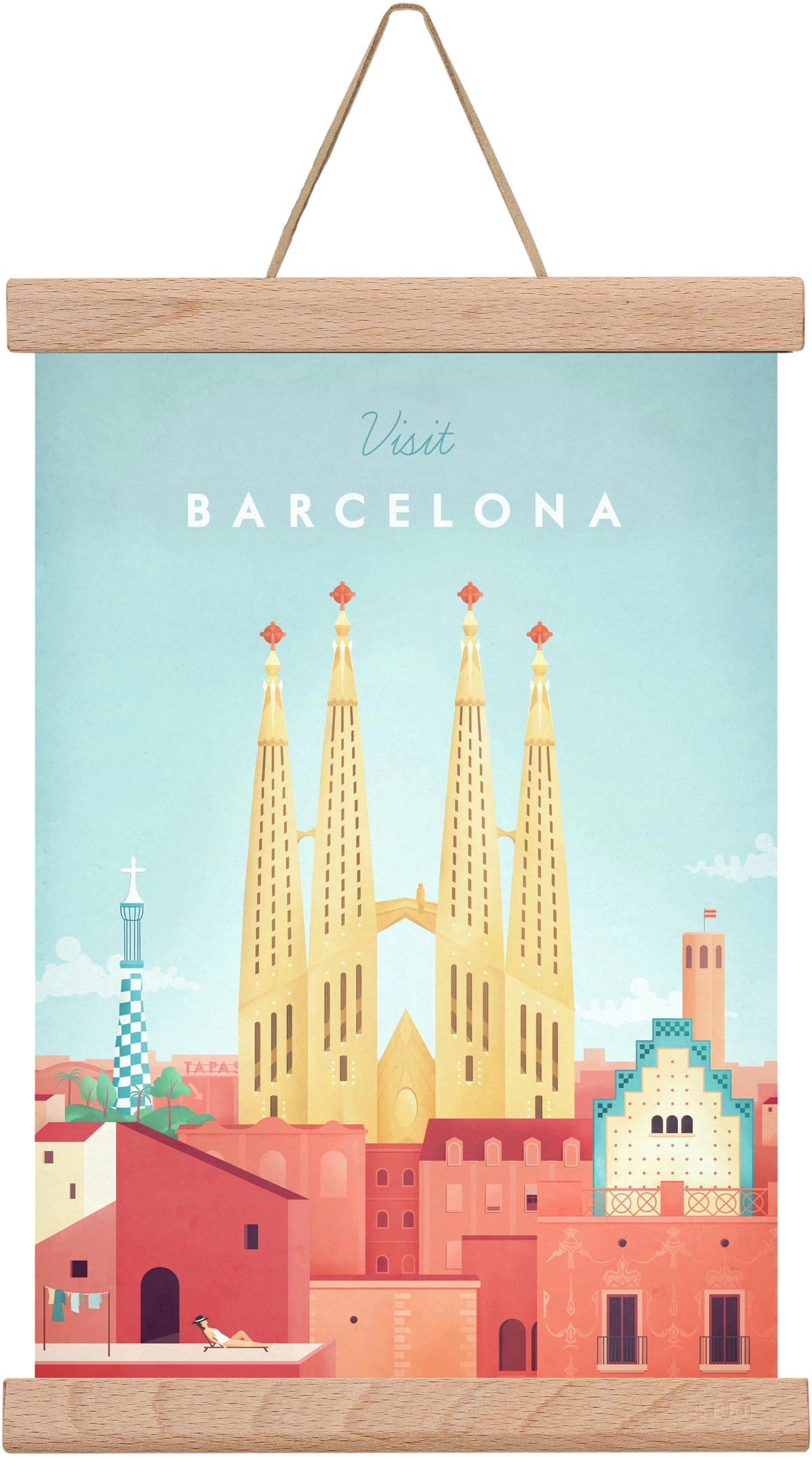 Barcelona Travel Poster, 20x30 cm (20x30 cm), Tölgy akasztó